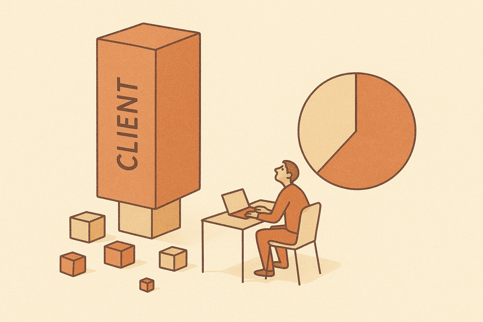 A solo founder at a desk looking up at one oversized client block towering over a few small scattered blocks, beside a pie chart with one dominant slice, in warm sand and terracotta editorial illustration.
