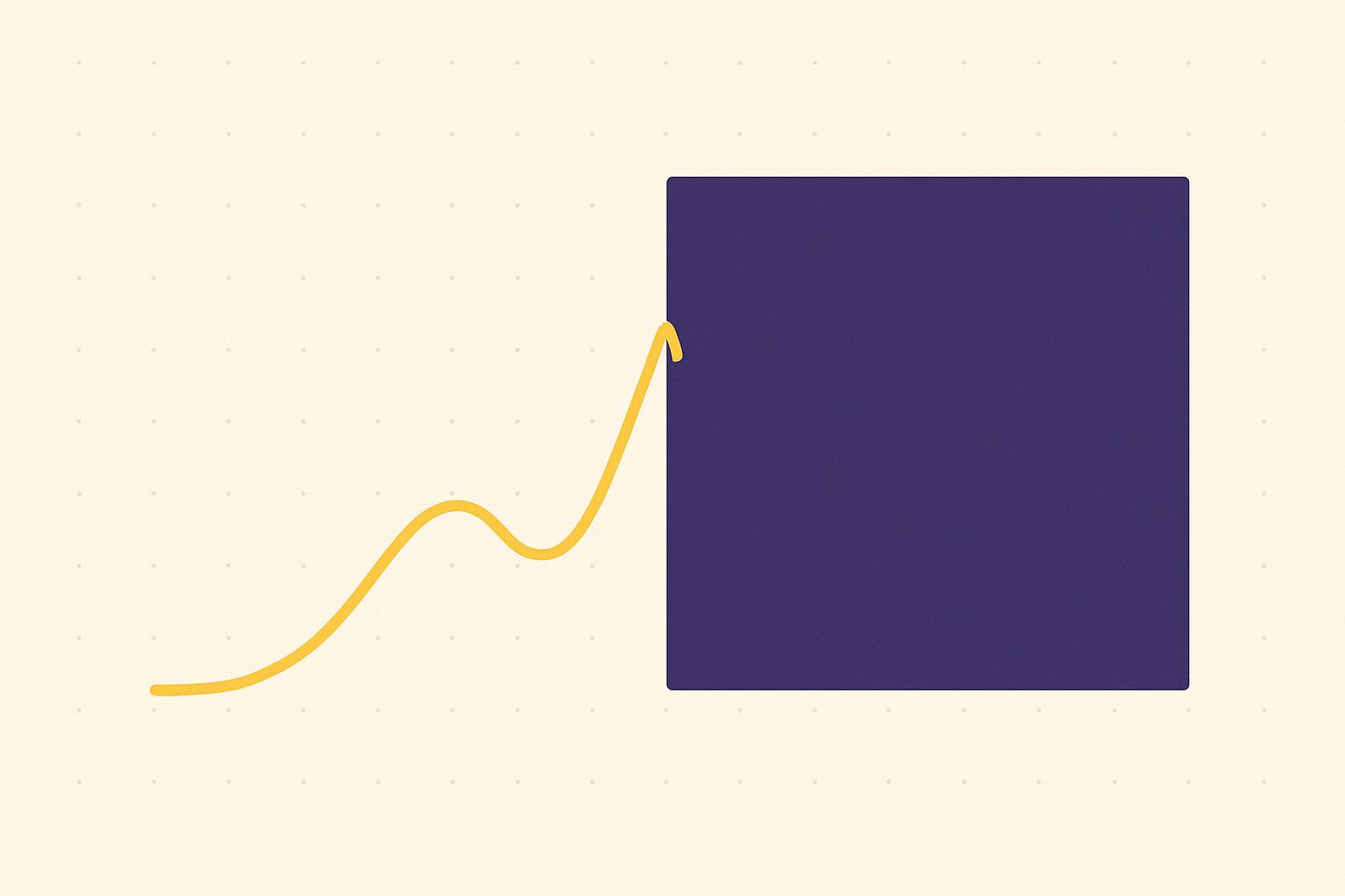 Minimalist editorial illustration of a small rising yellow revenue curve flowing into a large indigo block, symbolising a bootstrapped company absorbed into a larger one