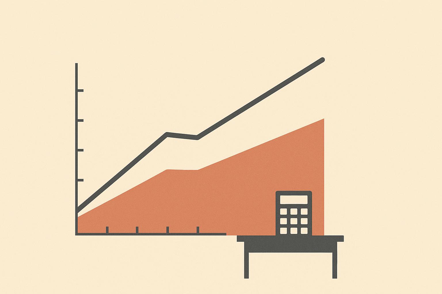 A flat editorial illustration of a rising revenue line above a shrinking margin band, with a small calculator on a desk, in sand and terracotta.