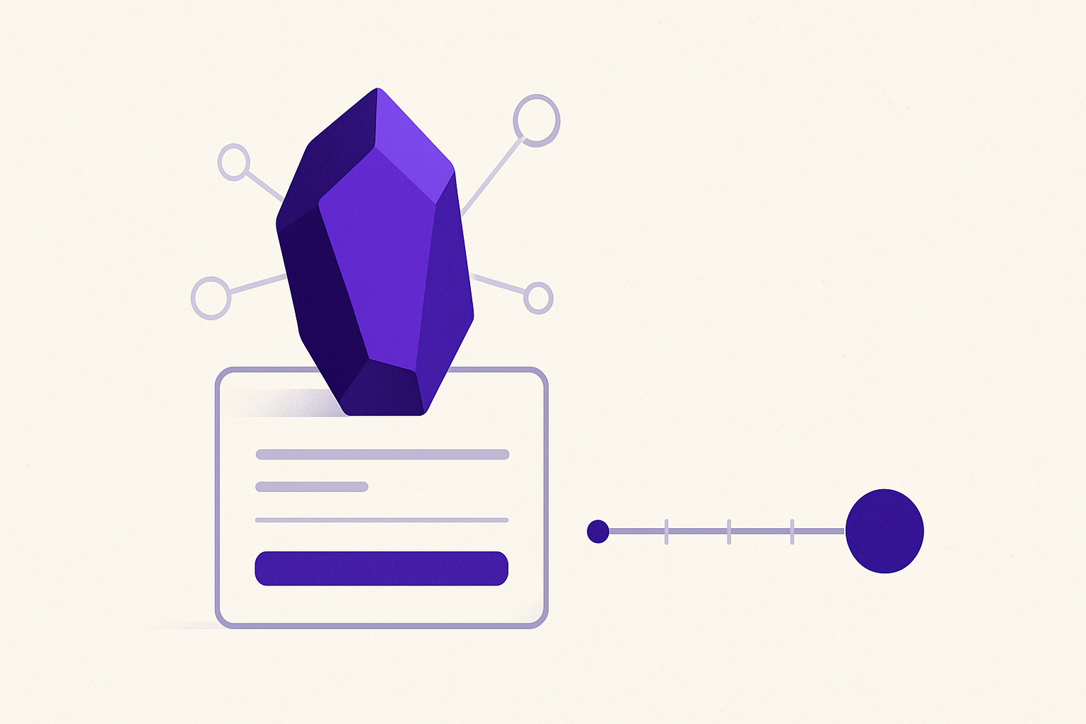Editorial illustration of a purple crystal on a ledger beside a wide uncertainty range, representing Obsidian's unknown 2026 revenue