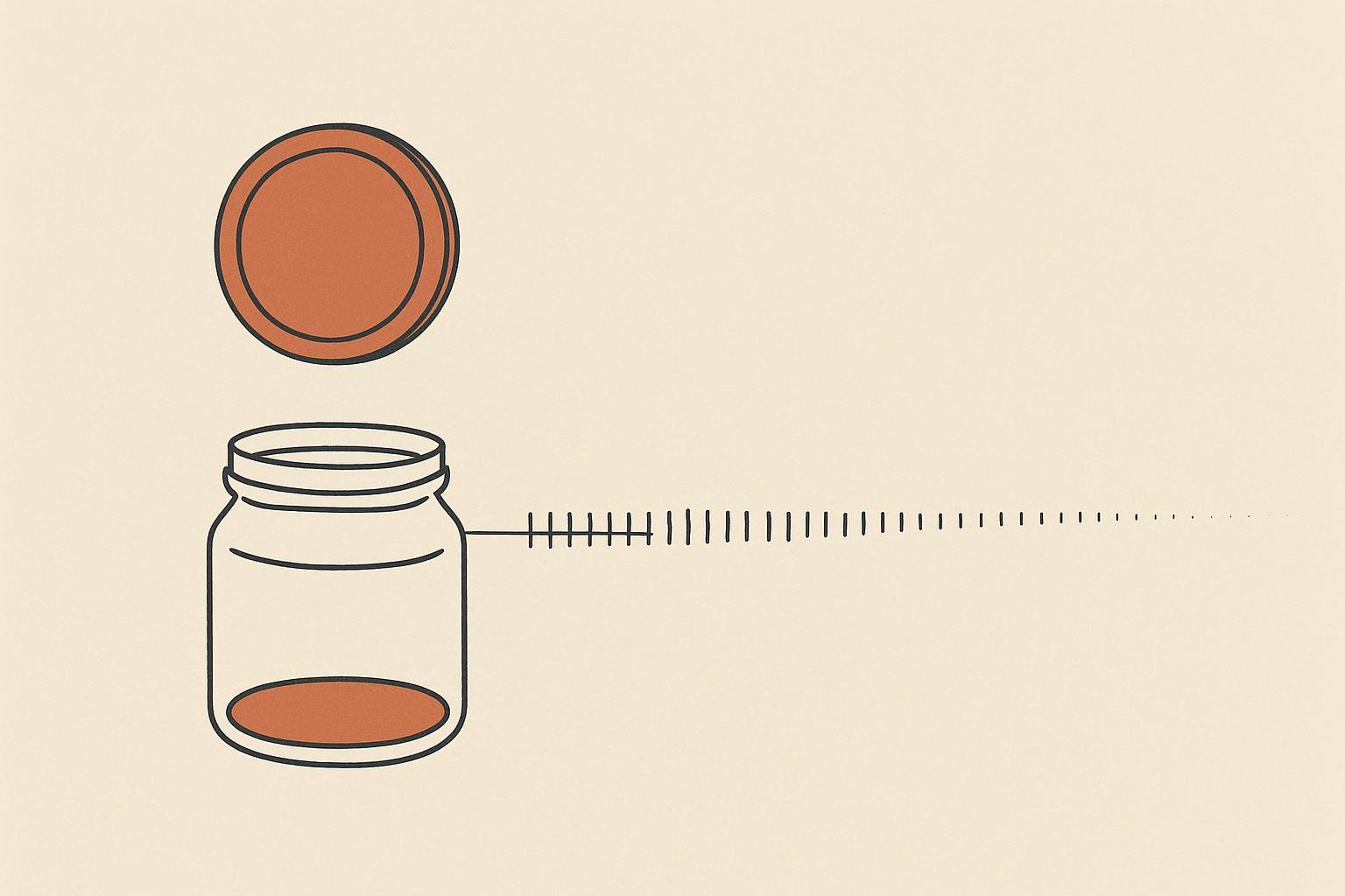 A minimalist flat editorial illustration in sand and terracotta of a single coin dropping once into a jar, with a long line of small repeating tick marks fading into the distance, suggesting a one-time payment turning into a permanent recurring cost.