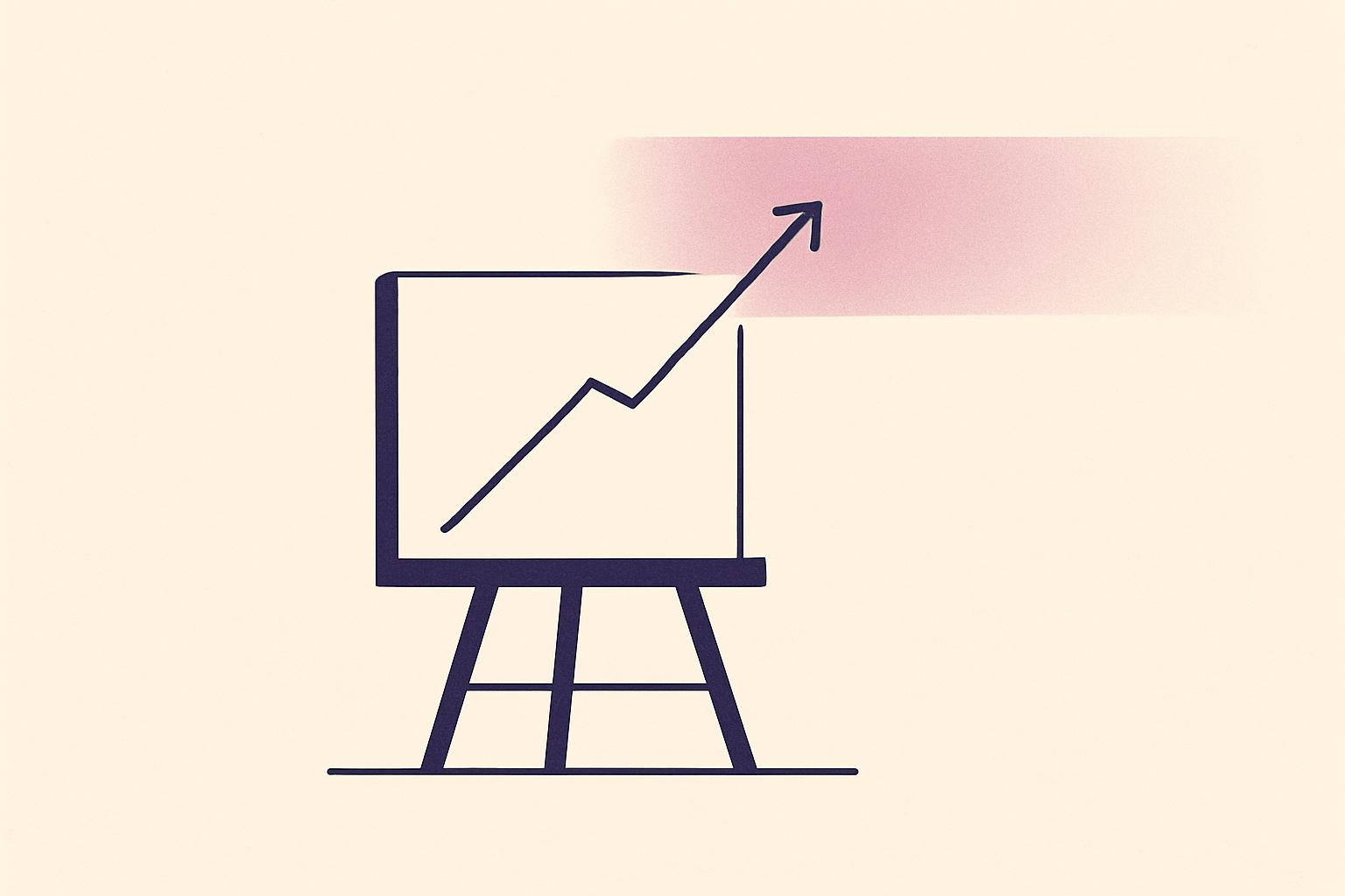 Minimalist editorial illustration of a rising revenue line on an easel dissolving into a wide uncertainty band, representing Midjourney's unconfirmed 2026 revenue
