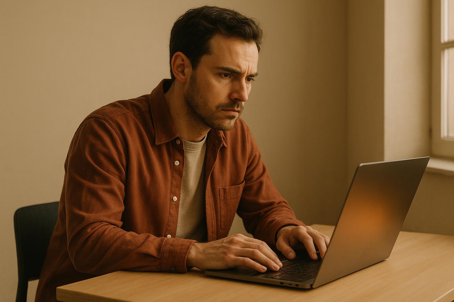 A solo software founder at a minimal desk looking with quiet tension at a laptop glowing warning-amber, editorial magazine style
