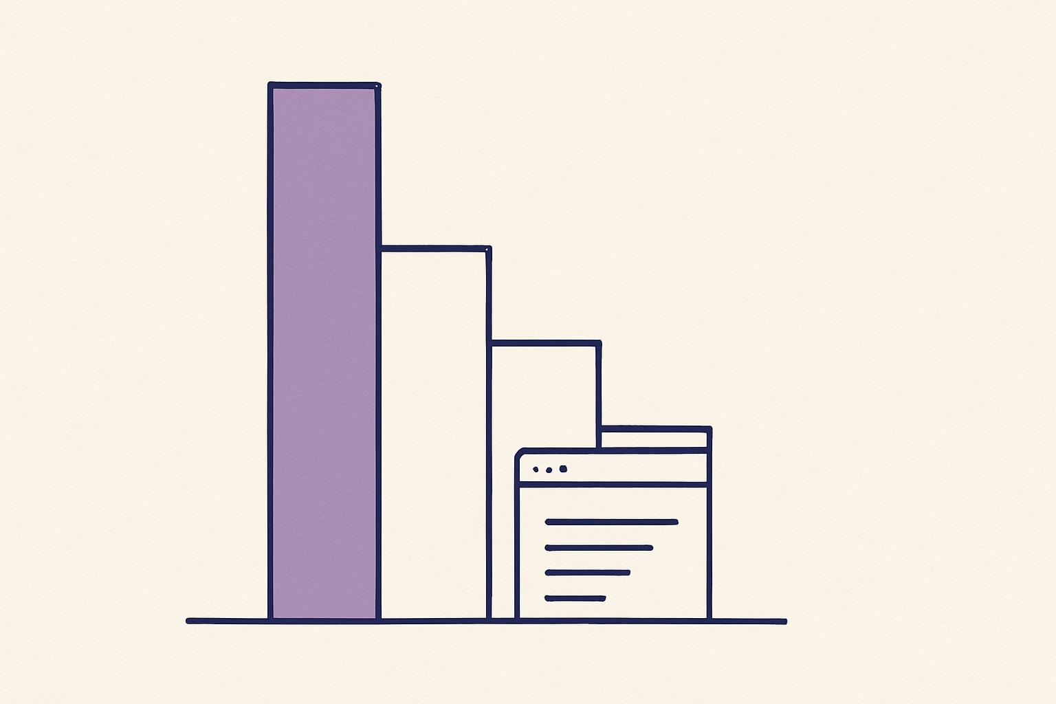 Editorial illustration of a tall bar stepping down into short bars beside a small unchanged web page, representing Craigslist revenue falling from its peak.