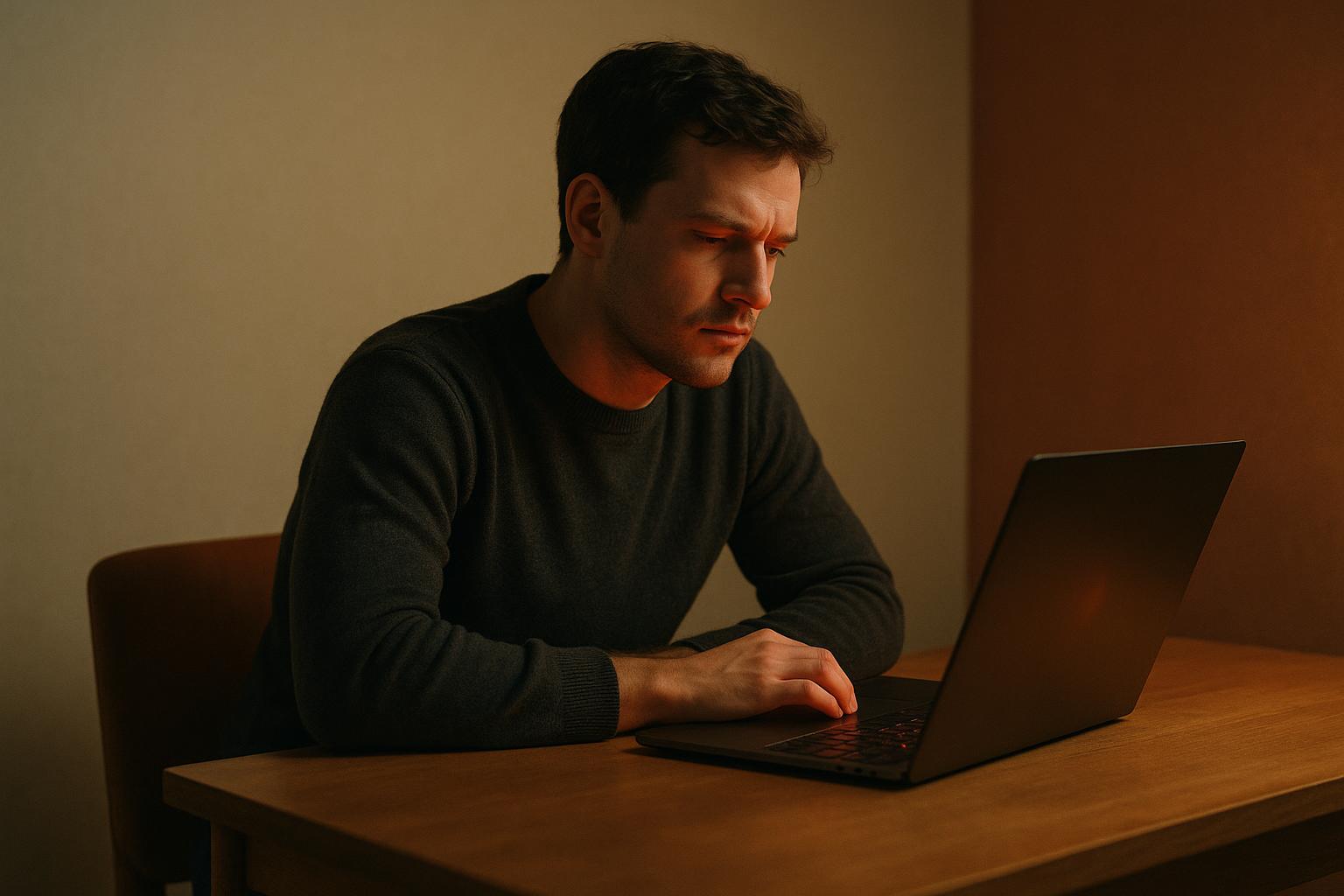 A solo software founder alone at a minimal desk late at night, laptop casting a faint red and amber alert glow, editorial magazine style