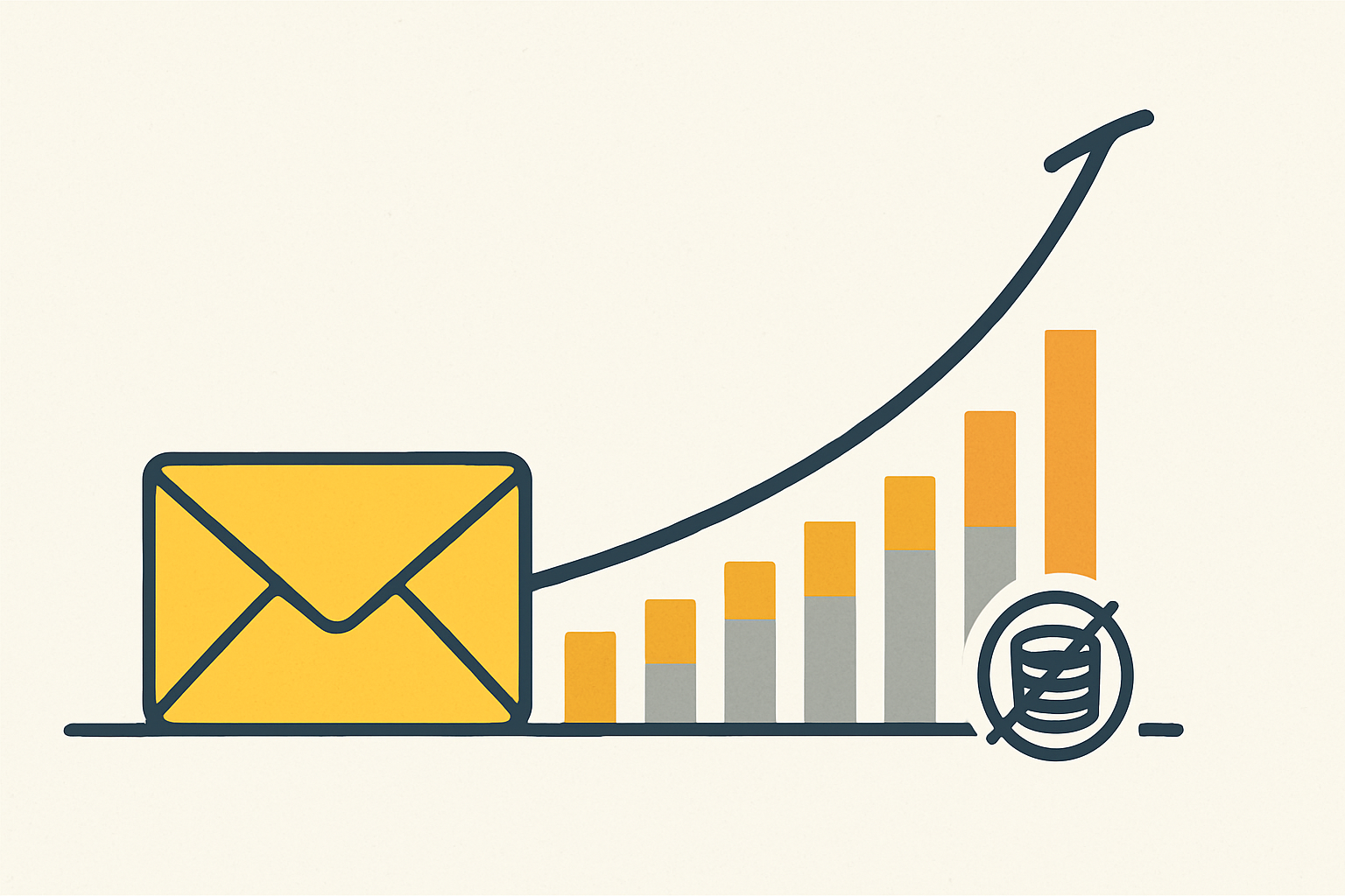 Flat editorial illustration of a yellow email envelope beside a rising bar chart and growth curve with a crossed-out coin stack, symbolizing Mailchimp's bootstrapped revenue growth without venture capital.
