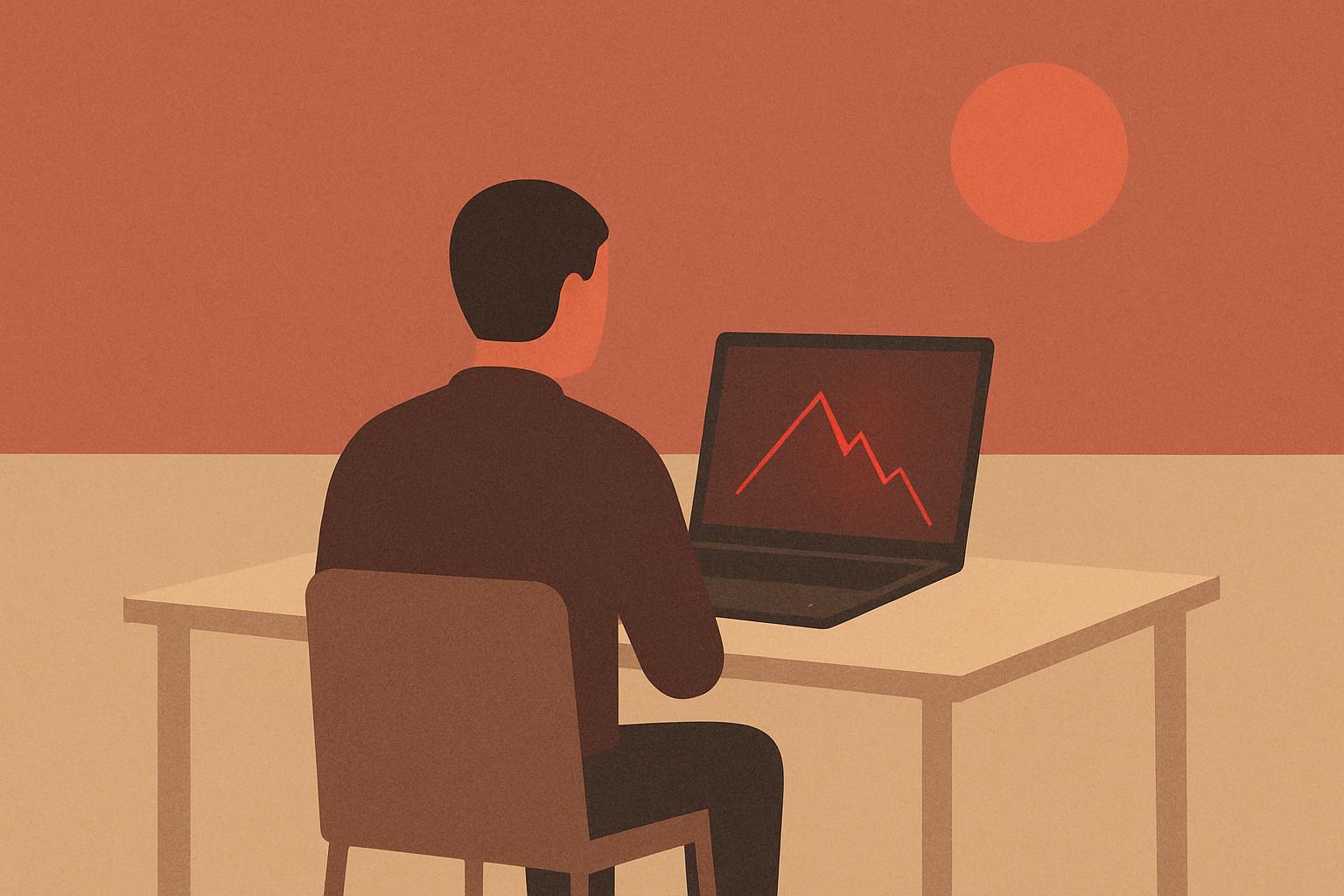 A solo software founder seen from behind at a minimal desk late at night, laptop screen showing a red spiking line chart, warm editorial magazine style