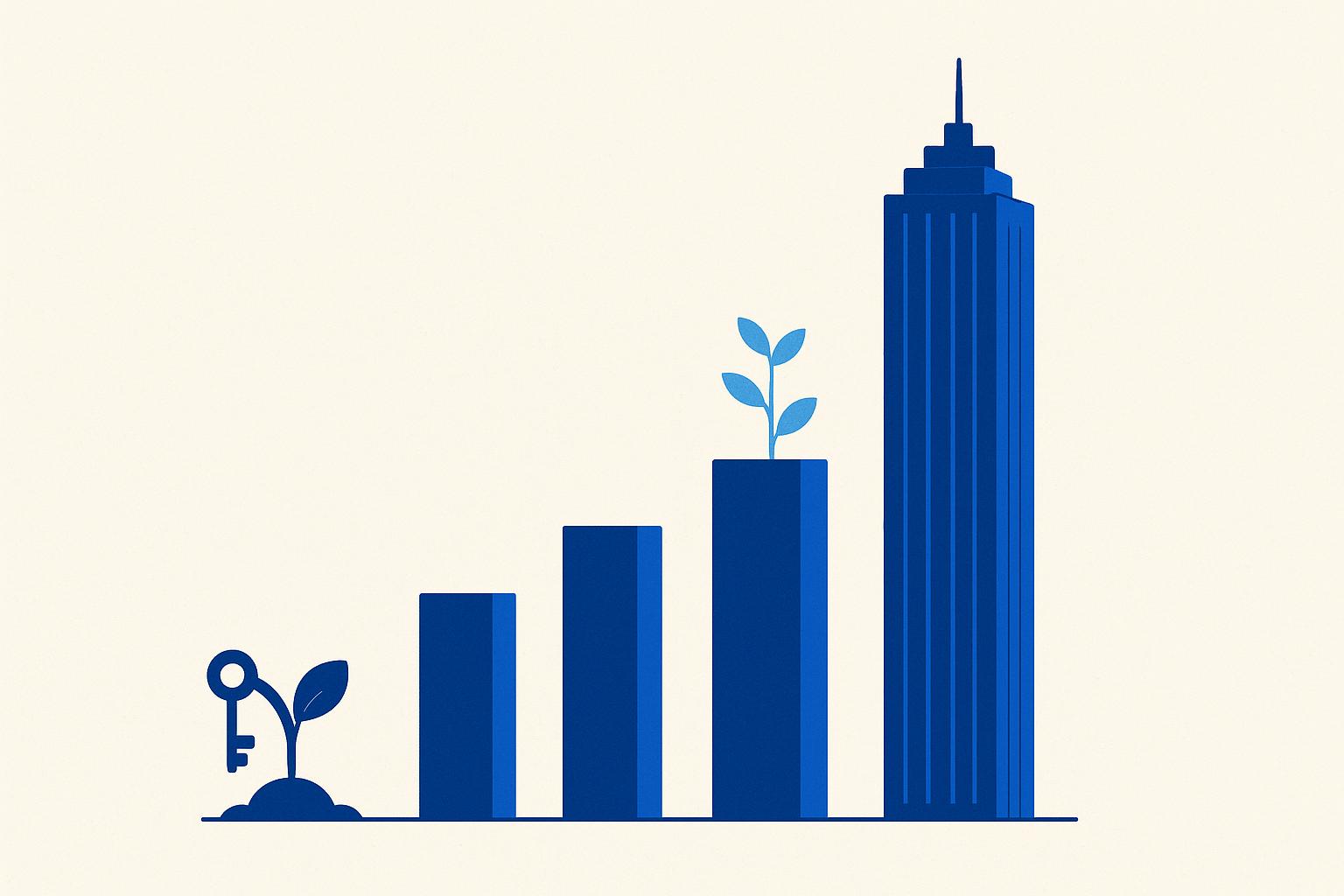 A minimalist flat editorial illustration in 1Password blue of a small key-shaped seedling growing through rising bar-chart columns into a tall city skyscraper, symbolizing patient bootstrapped growth compounding into large scale.