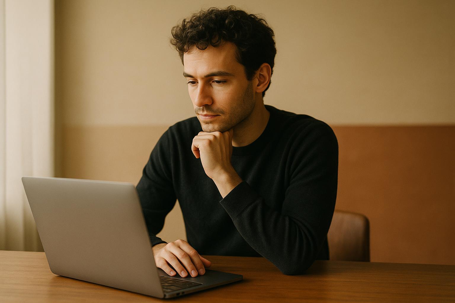 A founder sitting at a warm wooden desk in soft window light, thinking over a laptop, editorial magazine style.