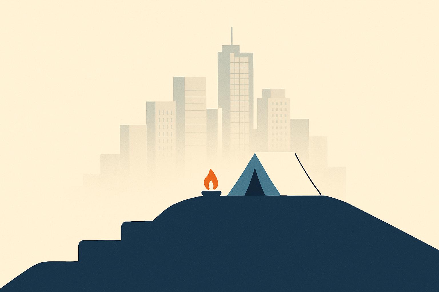 A minimalist editorial illustration: a small base-camp tent and campfire on a bar-chart hill in the foreground, with a faint glass skyscraper city receding behind it, symbolizing a deliberately small, profitable bootstrapped company out-earning the giants.