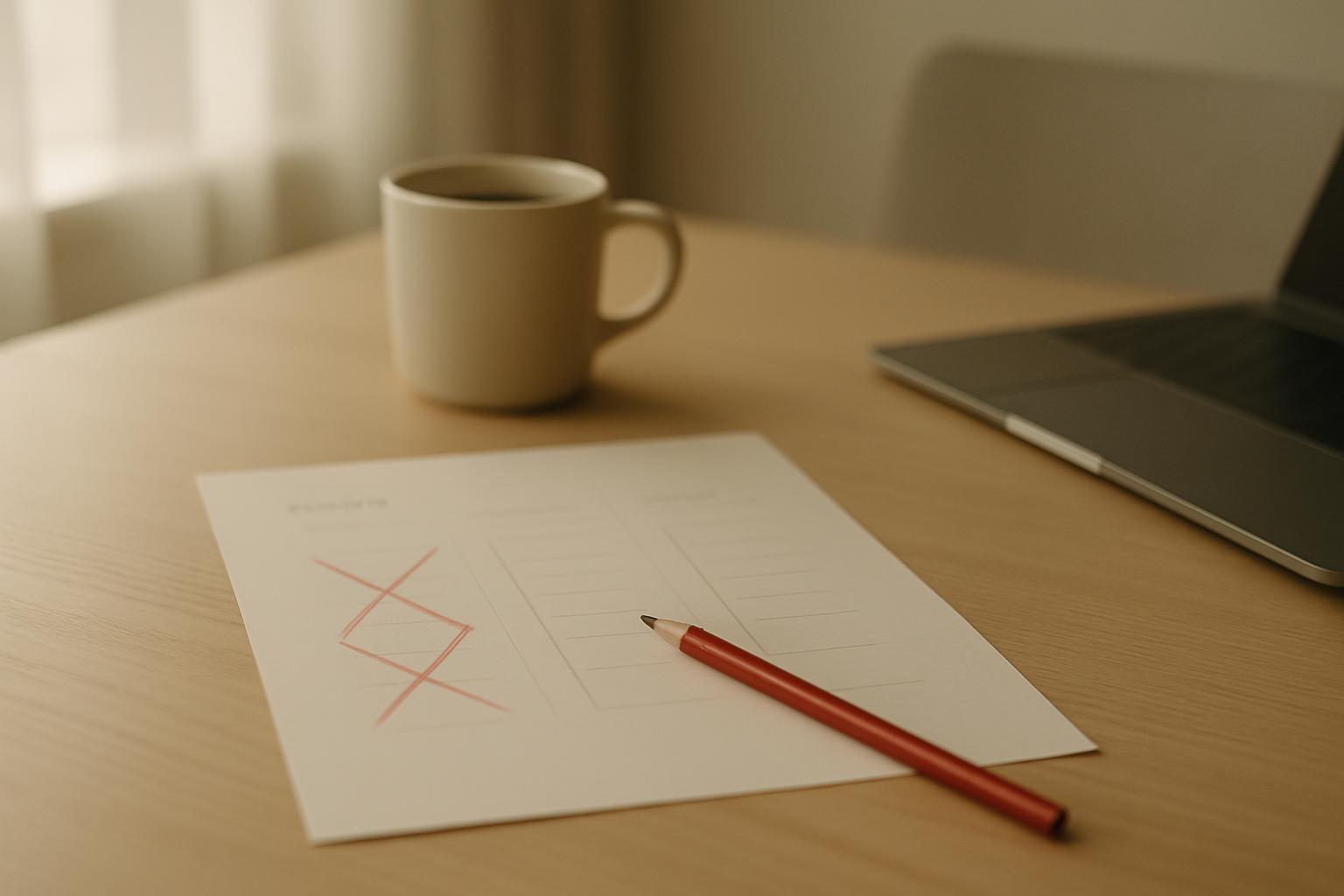 A minimalist editorial photo of a founder's desk: a printed pricing sheet with one column crossed out in red pencil, beside a coffee mug and a laptop in soft morning light.