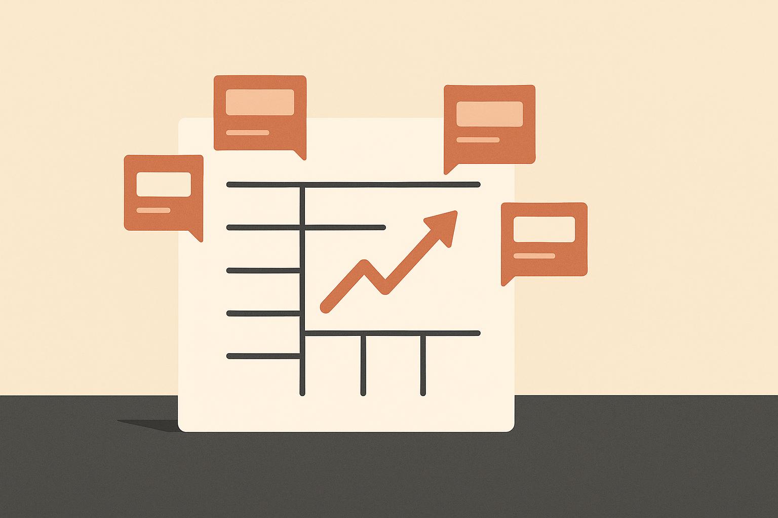 Editorial illustration of a revenue ledger with an upward growth arrow surrounded by conflicting number tags, representing GoHighLevel's disputed revenue estimates.