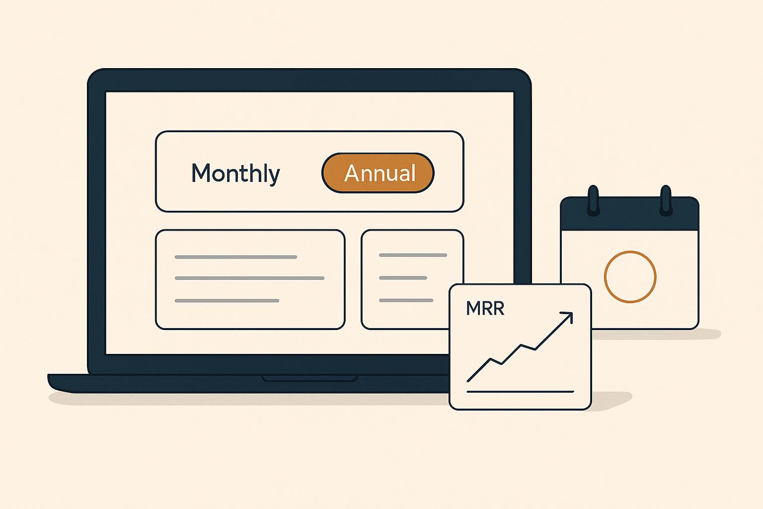 Minimalist editorial illustration of a SaaS pricing page with a Monthly and Annual billing toggle set to Annual, an upward MRR chart, and a yearly renewal calendar.