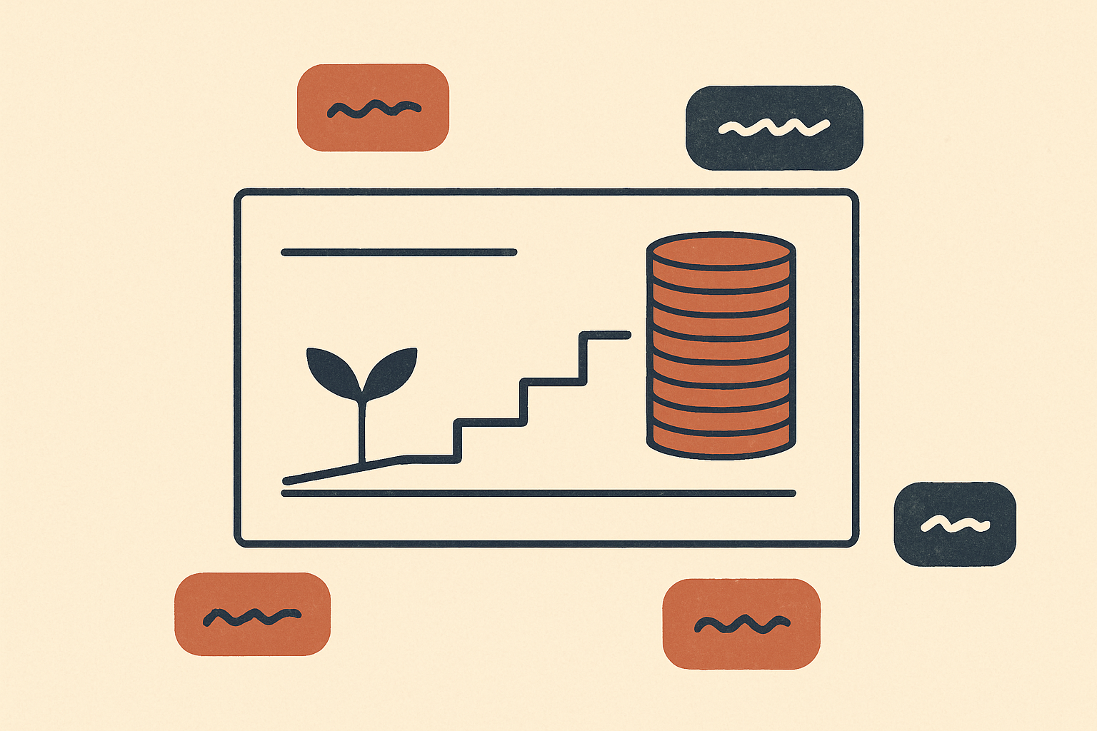 Minimalist editorial illustration of a financial ledger with a seed growing along a rising stair-step chart into a stack of coins, surrounded by tags showing conflicting figures.