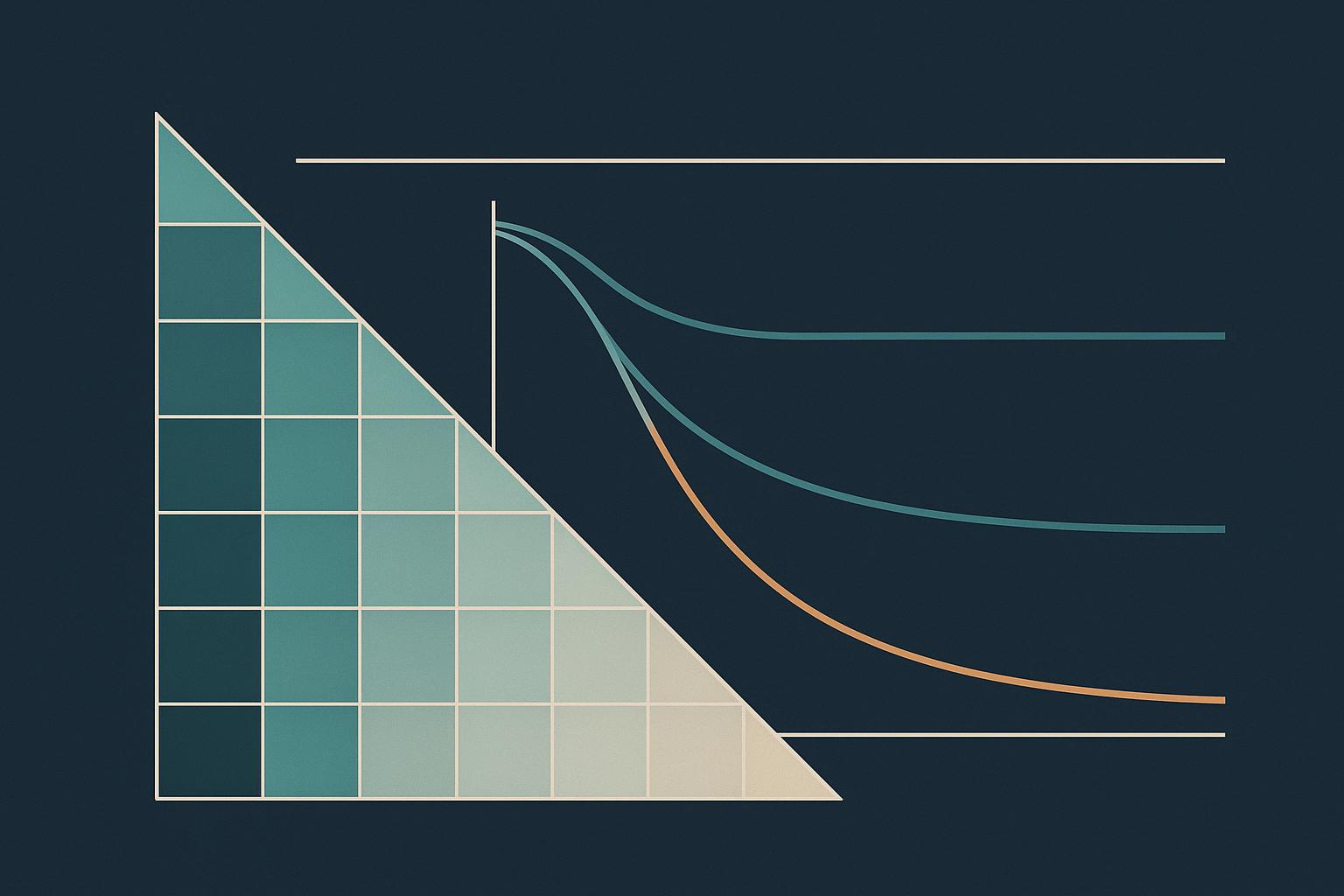 Minimalist editorial illustration of a SaaS cohort retention grid beside two retention curves, one flattening into a plateau and one declining, under a flat blended average line.