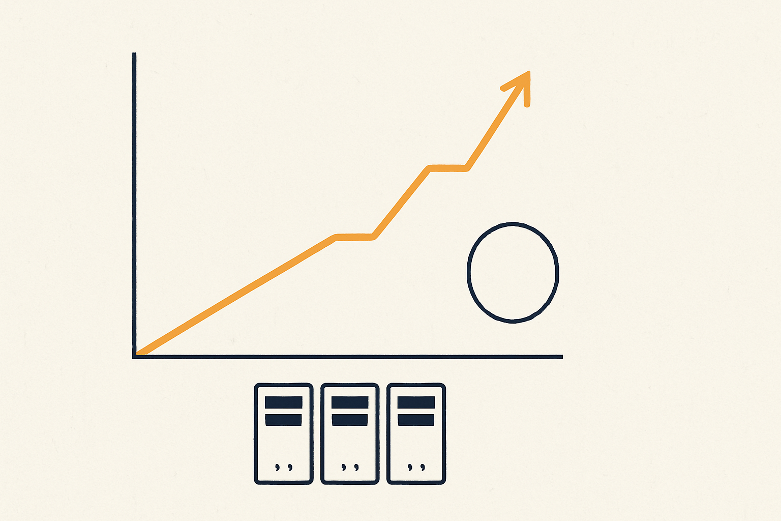 Minimalist editorial illustration of an amber revenue line climbing to a high peak above a small row of owned server racks, with a blank seal representing zero outside investors.