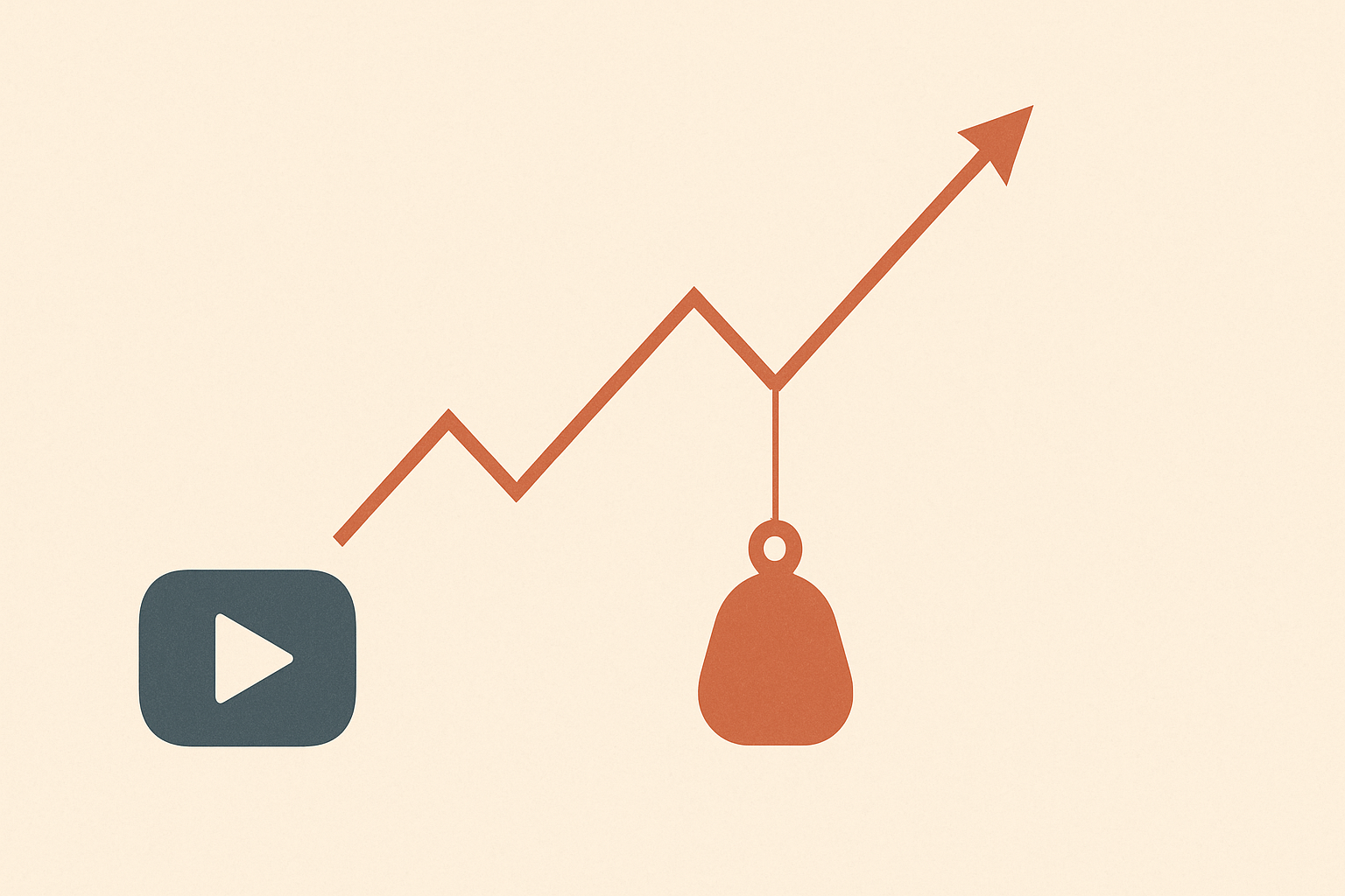 Minimalist editorial illustration of a terracotta revenue line climbing upward with a heavy anchor-like debt weight tethered beneath it, beside a navy video play button representing a bootstrapped video-hosting company.