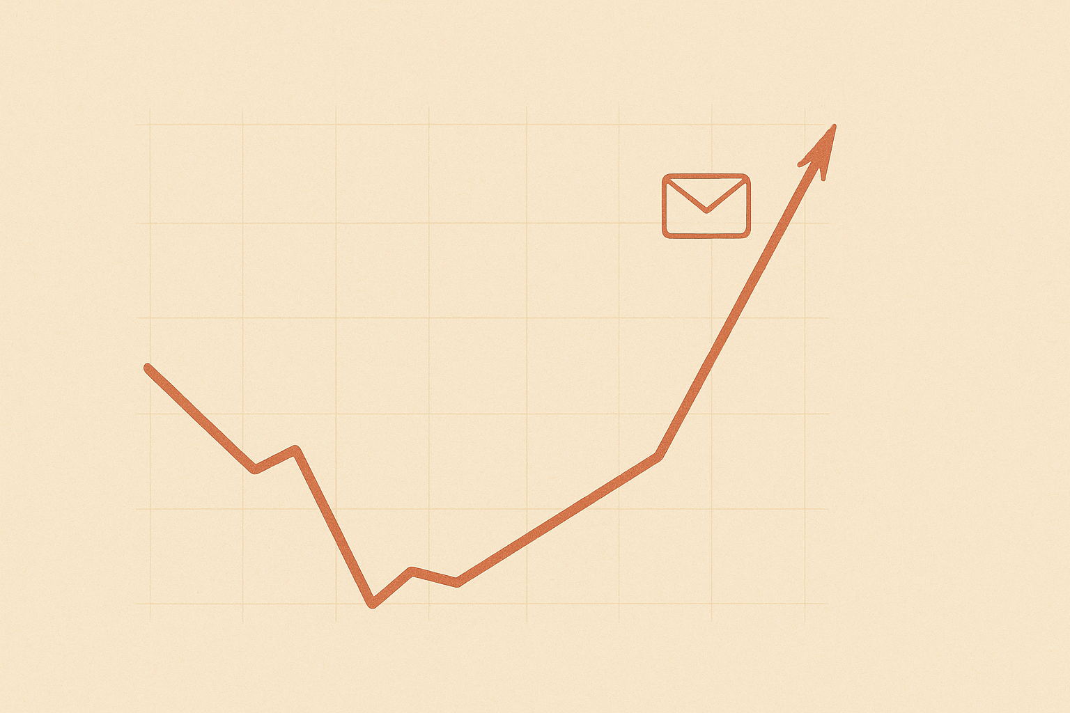 Minimalist editorial illustration of a terracotta revenue line that dips to a deep trough near the baseline before climbing to a tall peak, with a small envelope glyph, on soft sand-colored ledger paper.