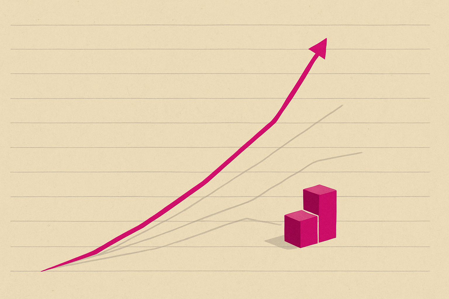 Minimalist editorial illustration on soft sand-colored ledger paper: one bold magenta revenue line rising to a peak with an arrowhead, two fainter grey estimate lines diverging beside it, and two small stacked magenta page-builder blocks.