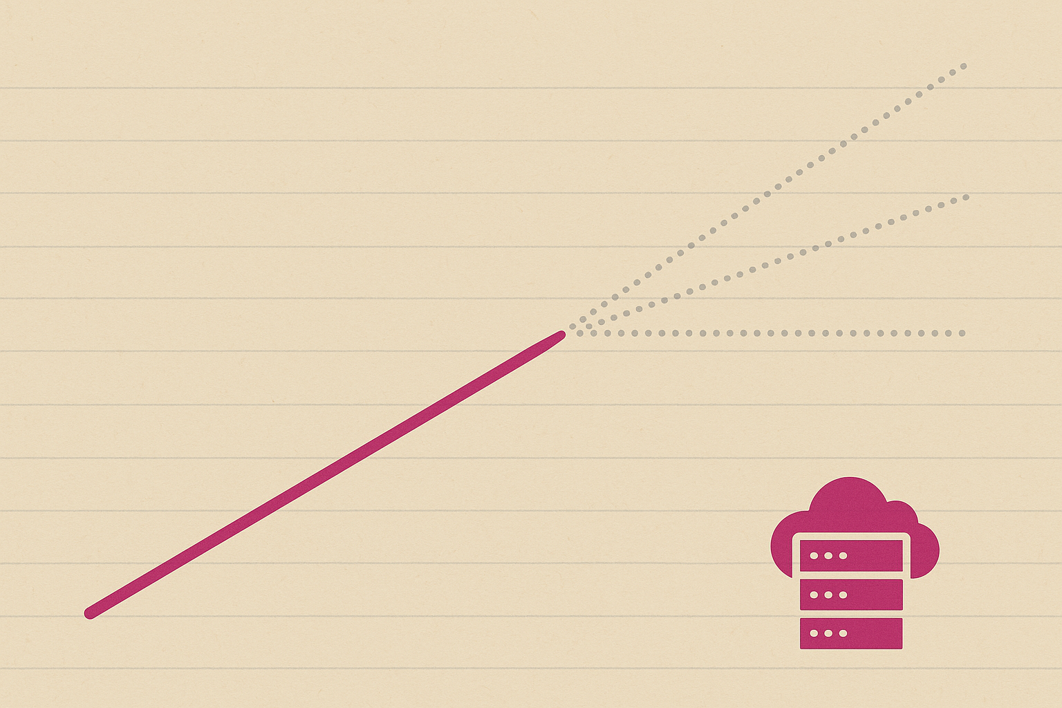 Minimalist editorial illustration on sand-colored ledger paper: one bold magenta revenue line rising from the lower left, then fanning into several fainter grey dotted estimate lines that diverge toward the right, with a small magenta cloud-and-server hosting icon in the lower right.