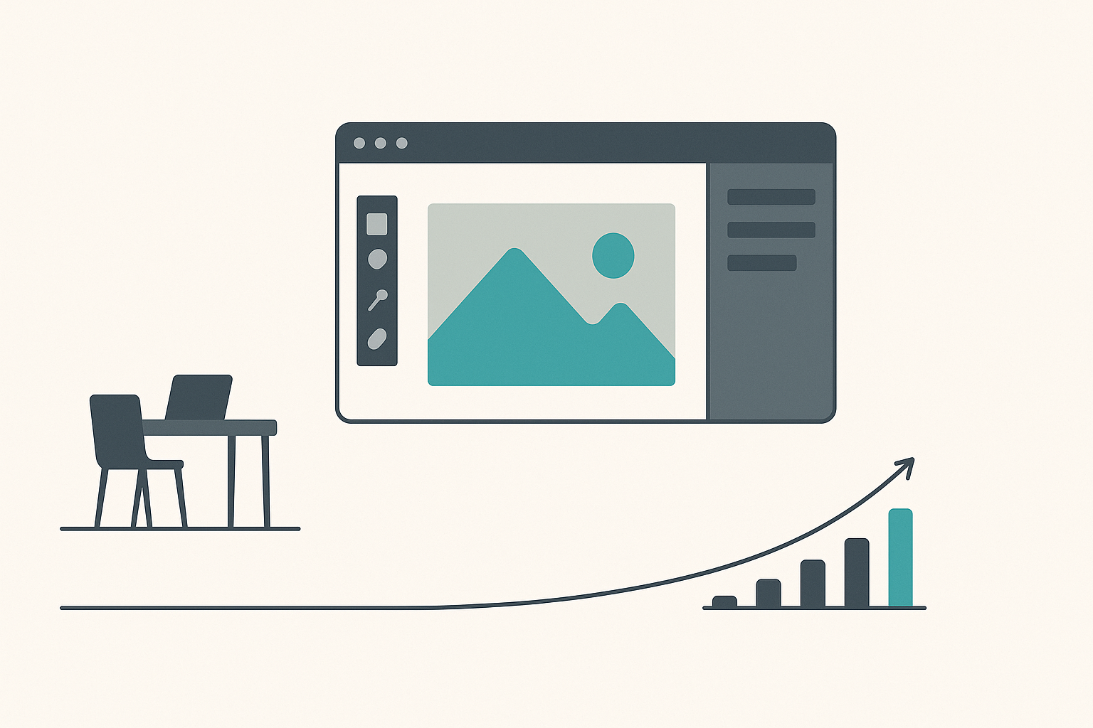 Minimalist editorial illustration: a single browser-based image editor window beside a lone desk and chair, with a small rising revenue bar chart in teal, representing Photopea's one-person, ad-funded business.