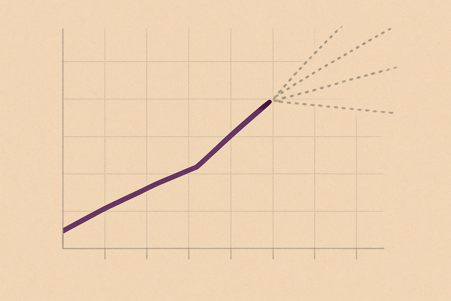 Minimalist sand-colored ledger illustration: a confident deep-purple revenue line rises then dissolves into several diverging grey dotted estimate lines, showing Yoast's revenue going dark after its 2021 acquisition.