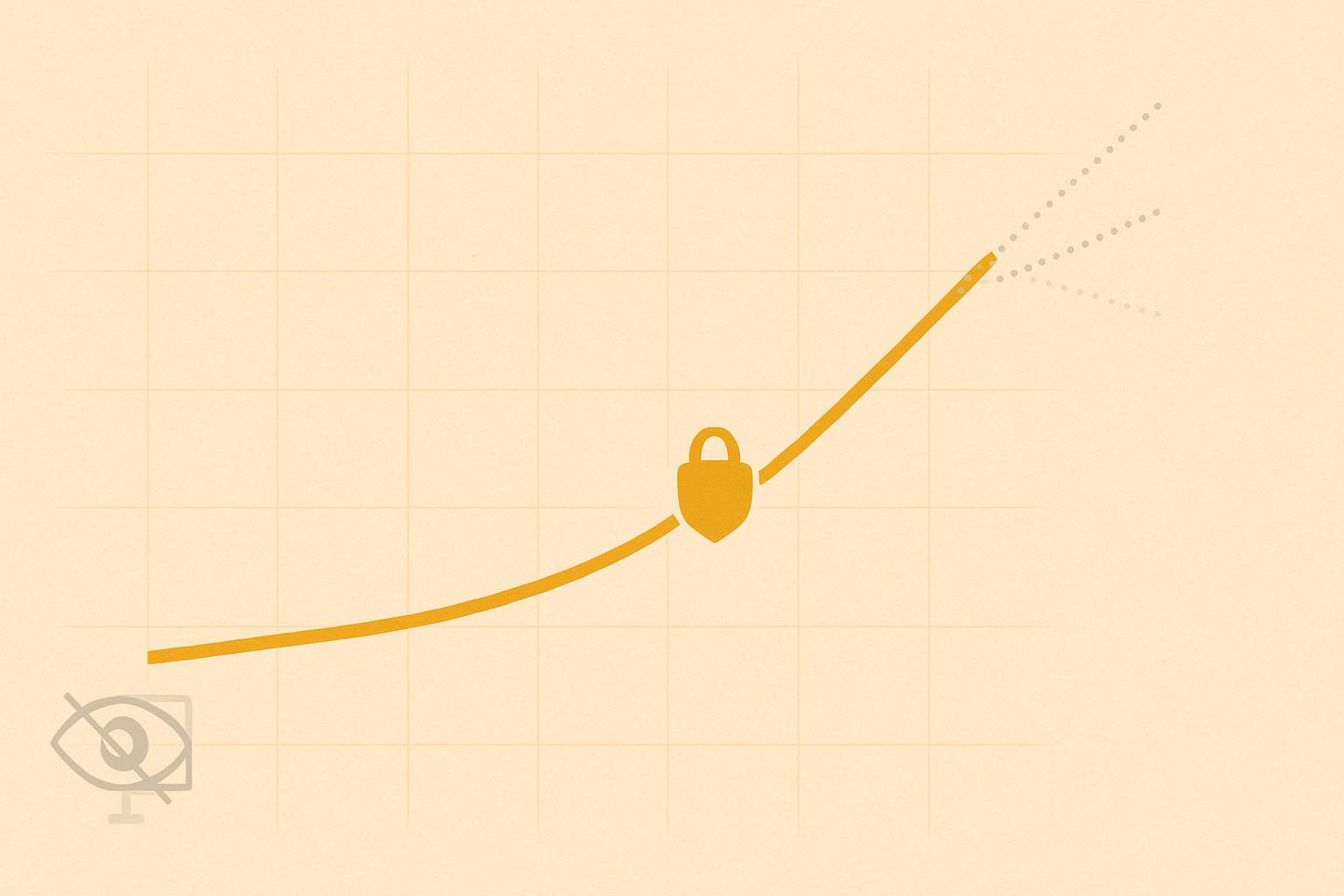 Minimalist sand-colored ledger illustration: an amber revenue line rises then splits into faint grey dotted estimate lines, with a small amber padlock on the line and a faded crossed-out eye in the corner, evoking Kagi's ad-free, user-funded model and its disputed revenue estimates.