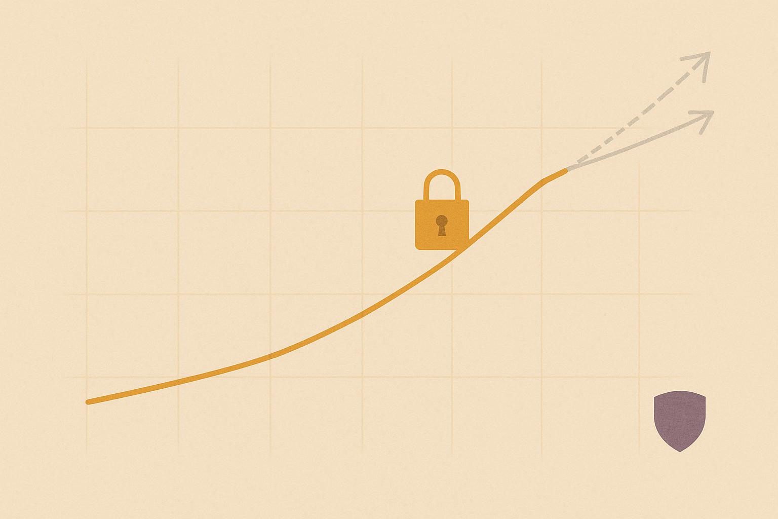 Minimalist sand-colored ledger illustration: an amber revenue line climbs from a low 2014 baseline and splits near the top into two faint grey dashed arrows, evoking diverging revenue estimates, with a small amber padlock on the line and a muted purple foundation shield in the corner.