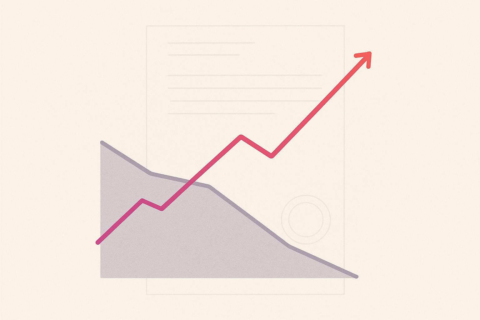 Minimalist off-white ledger illustration: a magenta revenue line climbs steadily while a grey-violet band beneath it slopes downward and crosses it, evoking rising revenue against falling operating profit, over the faint outline of a filed accounts document.