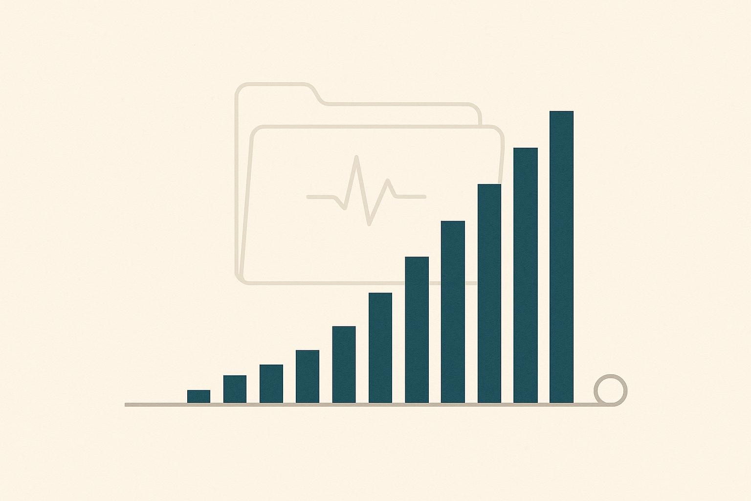 Minimalist off-white editorial illustration: eleven deep teal bars rise in a steady staircase over a faint line-art medical records folder with a heartbeat trace, while a flat warm grey baseline runs unchanged beneath them and ends in a small hollow circle.