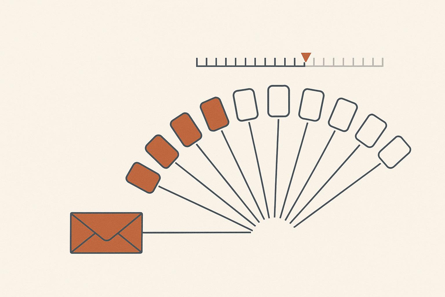 Minimalist editorial illustration: one envelope on the left connected by thin lines to eleven small rounded rectangles fanning out in an arc, four filled terracotta and seven outlined, under a thirty-tick calendar bar whose first nine ticks are shaded.