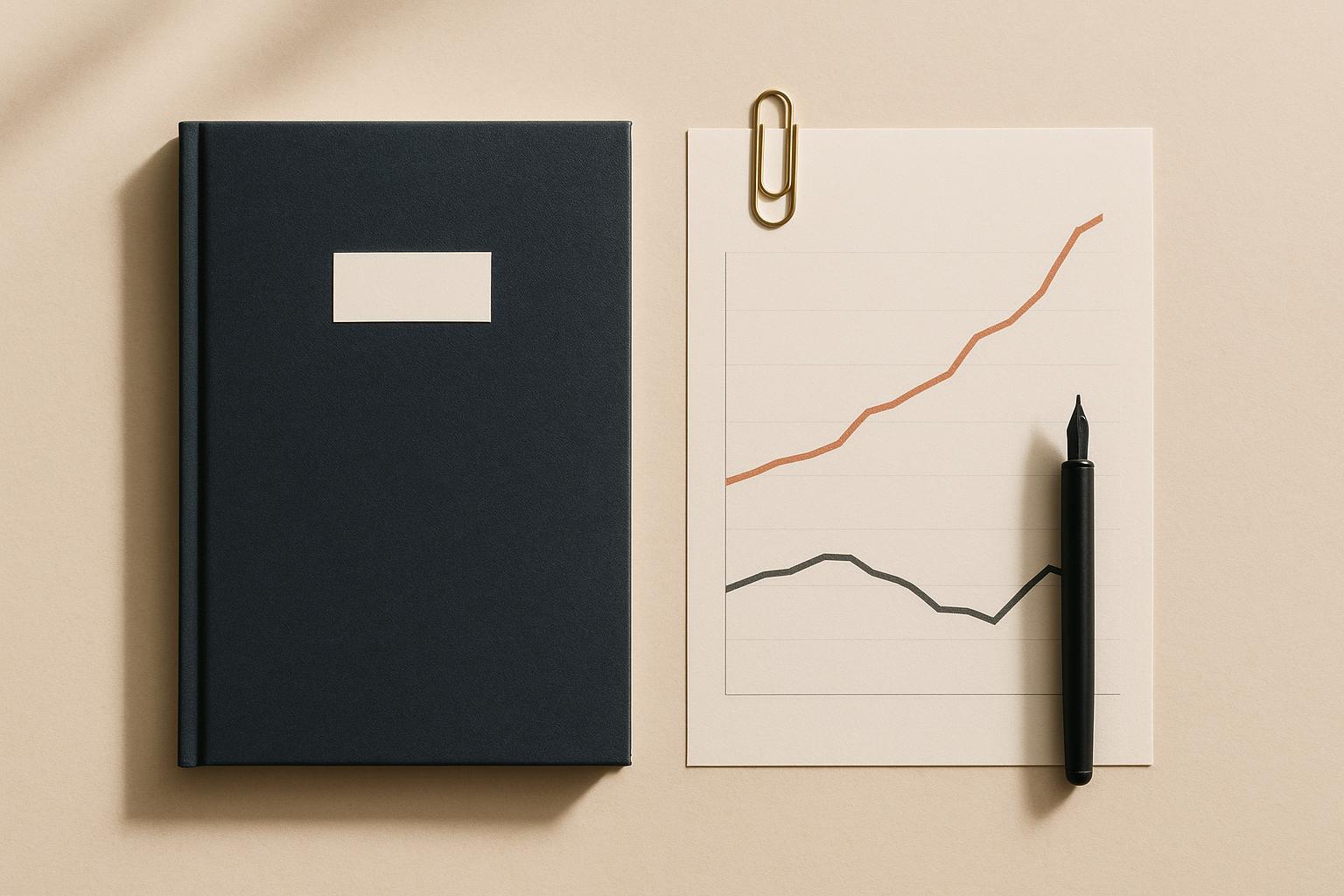 Overhead editorial still life on warm paper: a closed slate-navy annual report beside a printed sheet showing a terracotta line rising steadily and a charcoal line that rises then bends downward, with a brass paperclip and a black pen.
