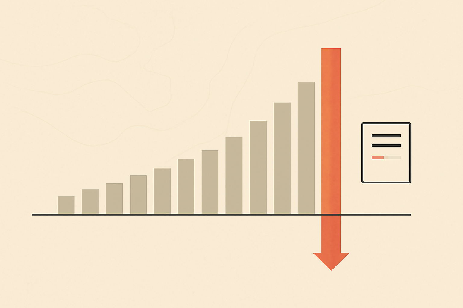 Minimalist editorial illustration on warm cream paper: eleven slim grey bars rising left to right from a thin dark baseline, with a tall terracotta arrow at the right crossing the baseline and pointing down below it, over faint topographic contour lines.
