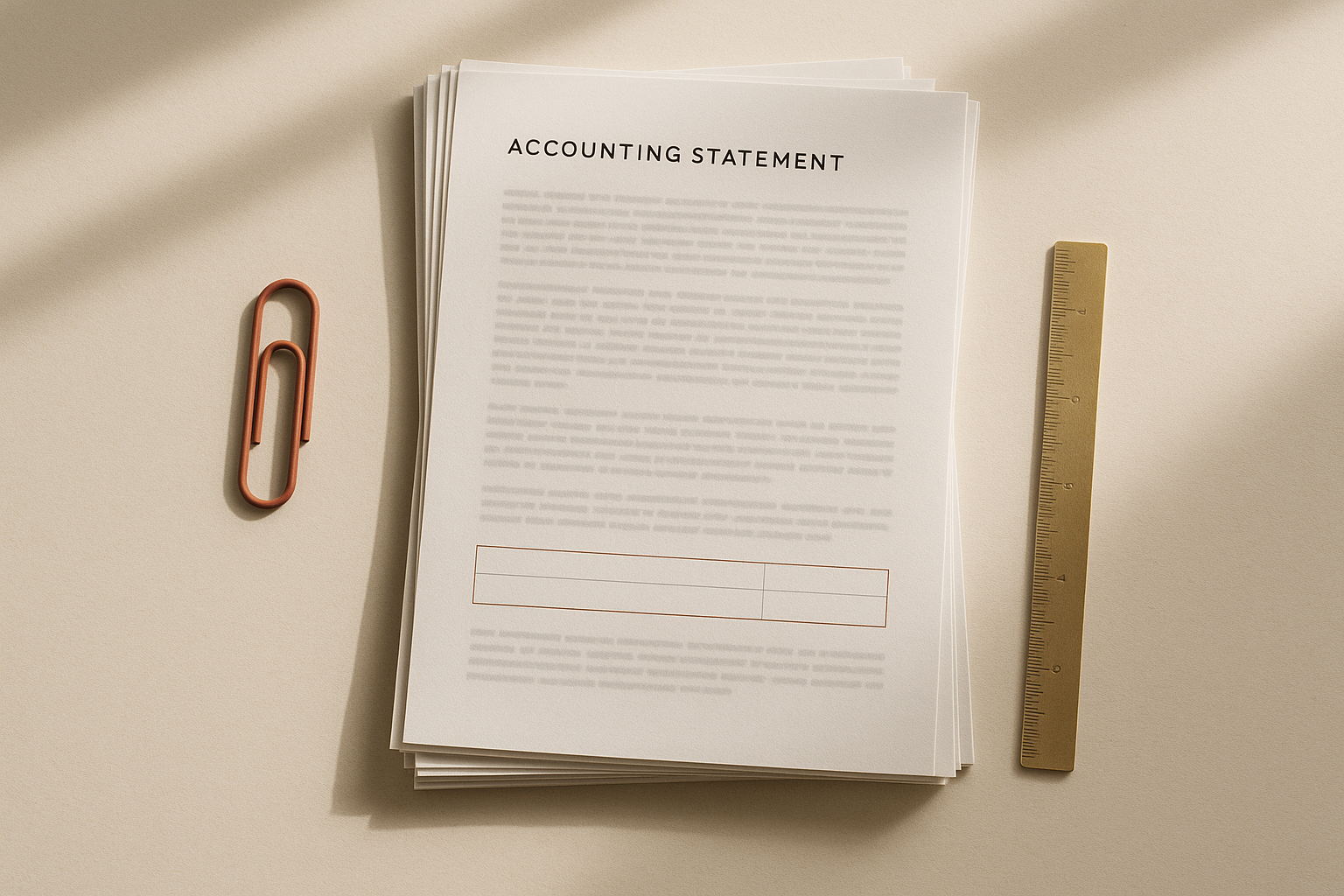 Minimalist editorial flat-lay on warm cream paper: a stack of printed accounting statements seen from above, the top page carrying a ruled table in which one row has been left completely blank and outlined in muted terracotta, with a terracotta paper clip and a thin brass ruler resting either side.