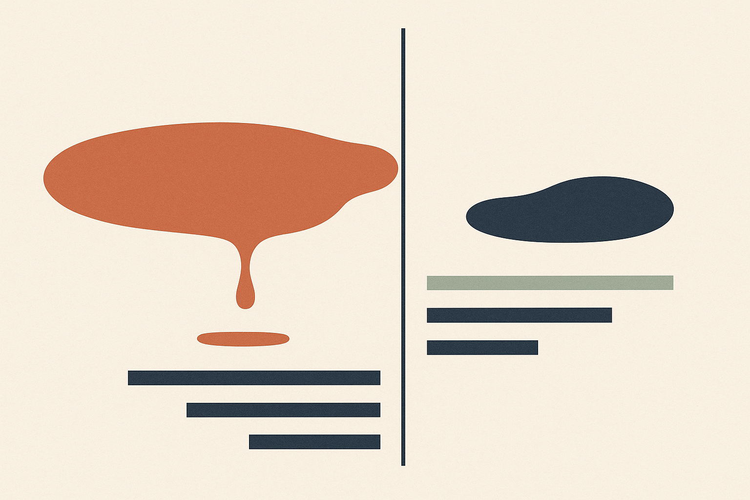 Minimalist editorial illustration on warm cream paper: a large terracotta pool of liquid draining away to a small remnant on the left, a separate smaller deep navy pool holding steady on the right, a thin vertical rule between them, and short ruled accounting bars beneath each side.
