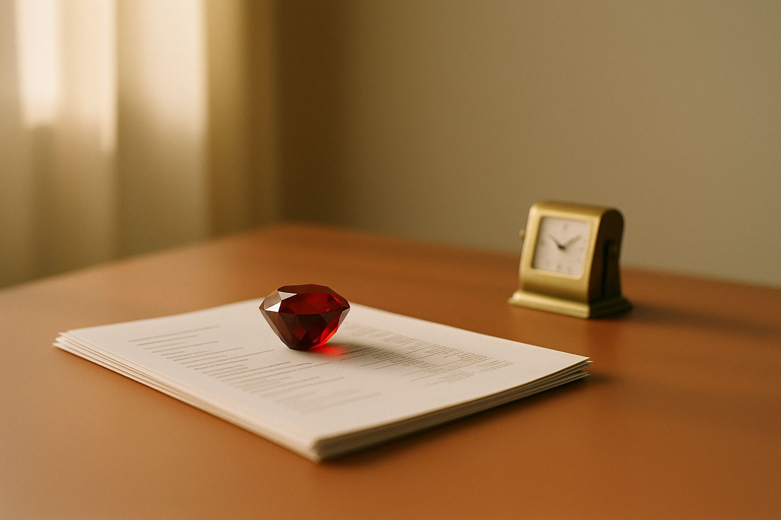 A stack of printed financial statement pages lying out of focus on a matte desk in warm terracotta and cream light, with a single faceted deep red ruby gemstone resting on top as a paperweight and a small brass desk calendar beside them.