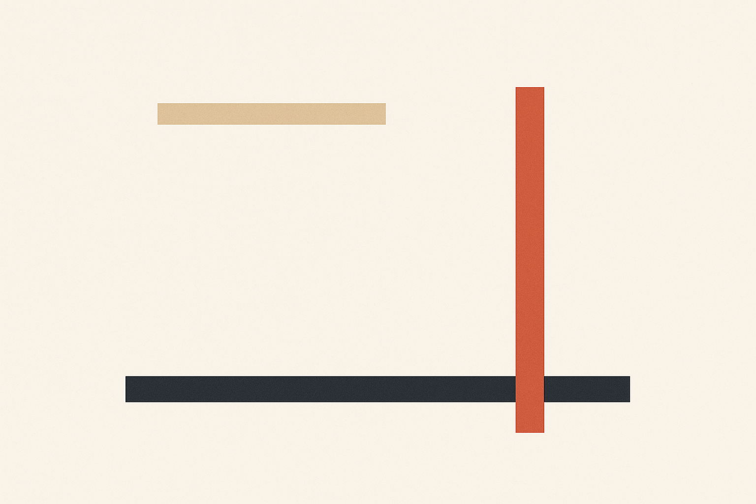 Flat vector art on off-white. A short warm sand rule crosses the upper left and stops near the middle, leaving space to its right. A charcoal rule runs the full width below. One terracotta vertical bar stands right of centre, cutting through the charcoal rule but not reaching the sand rule.