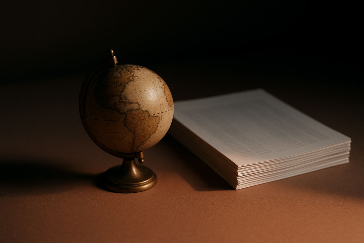 A small brass desk globe turned to show Europe and South America, lit by a warm terracotta lamp, beside a softly fanned stack of plain printed accounting pages on a matte clay-grey desk, shot shallow and quiet in the style of a print business magazine.
