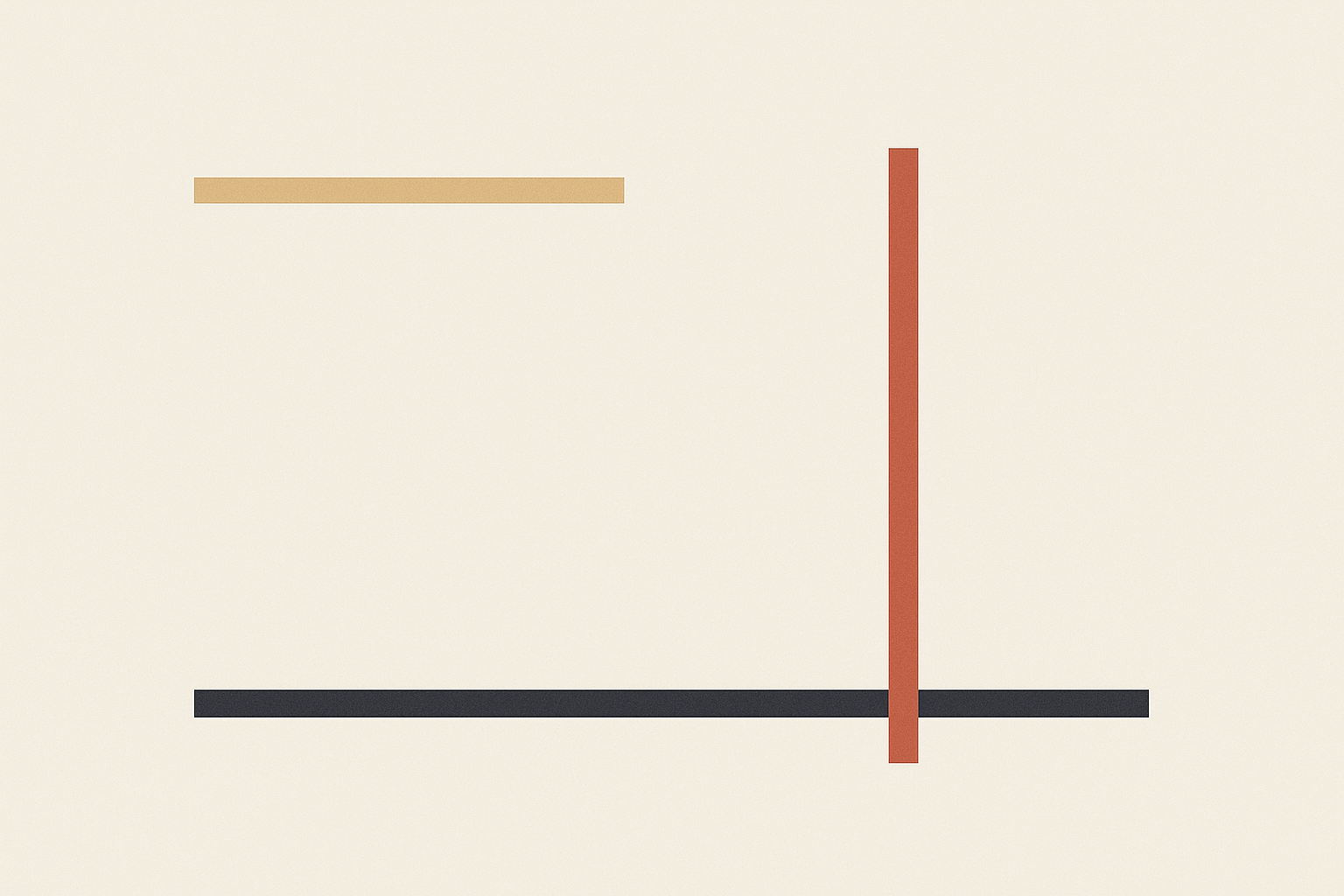 Flat vector art on off-white. A short warm sand rule runs from the left edge and stops near the middle, leaving the upper right empty. Below it a charcoal rule runs the full width unbroken. One terracotta vertical bar in the right half crosses the charcoal rule and rises into that empty space.
