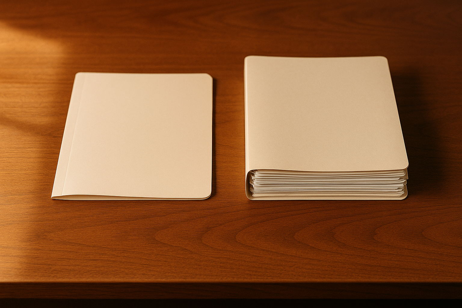 Overhead photograph of two identical cream manila document folders side by side on a warm walnut desk, the left one thin and nearly empty, the right one thick with papers, lit by soft window light.