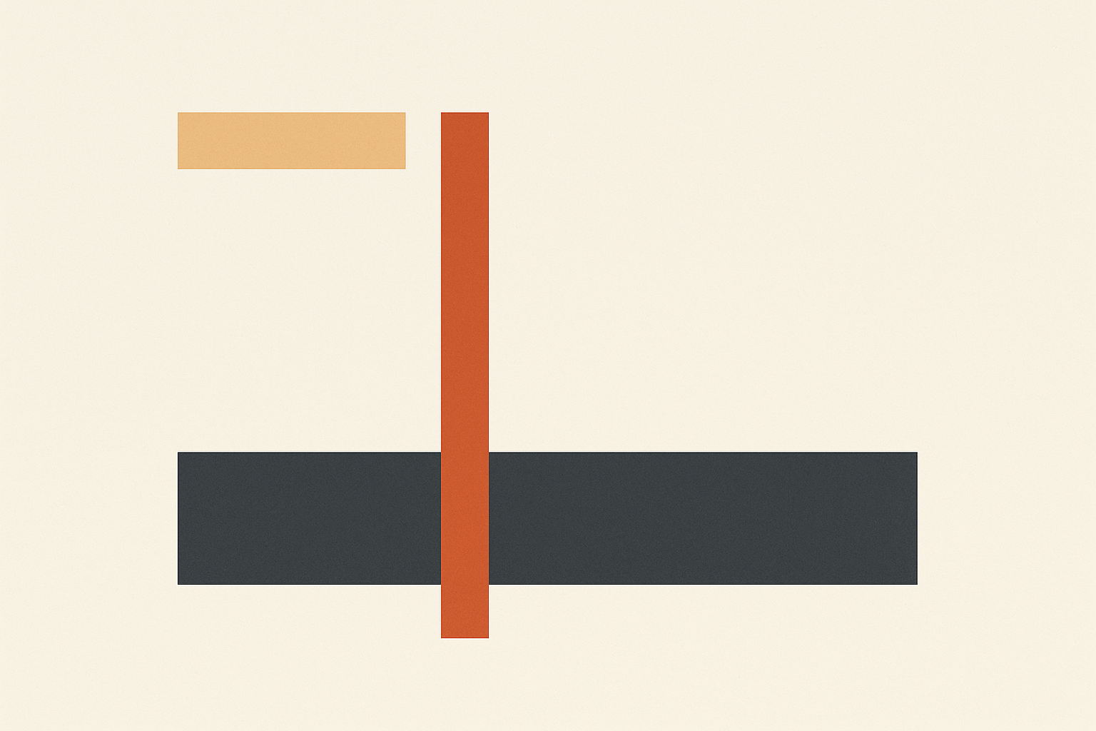 Flat vector art on off-white. A short warm sand bar in the upper left stops a third of the way across, leaving the upper right empty. Below it a wide charcoal bar runs almost the full width. A narrow terracotta vertical bar crosses it and extends below, its top short of the sand bar.