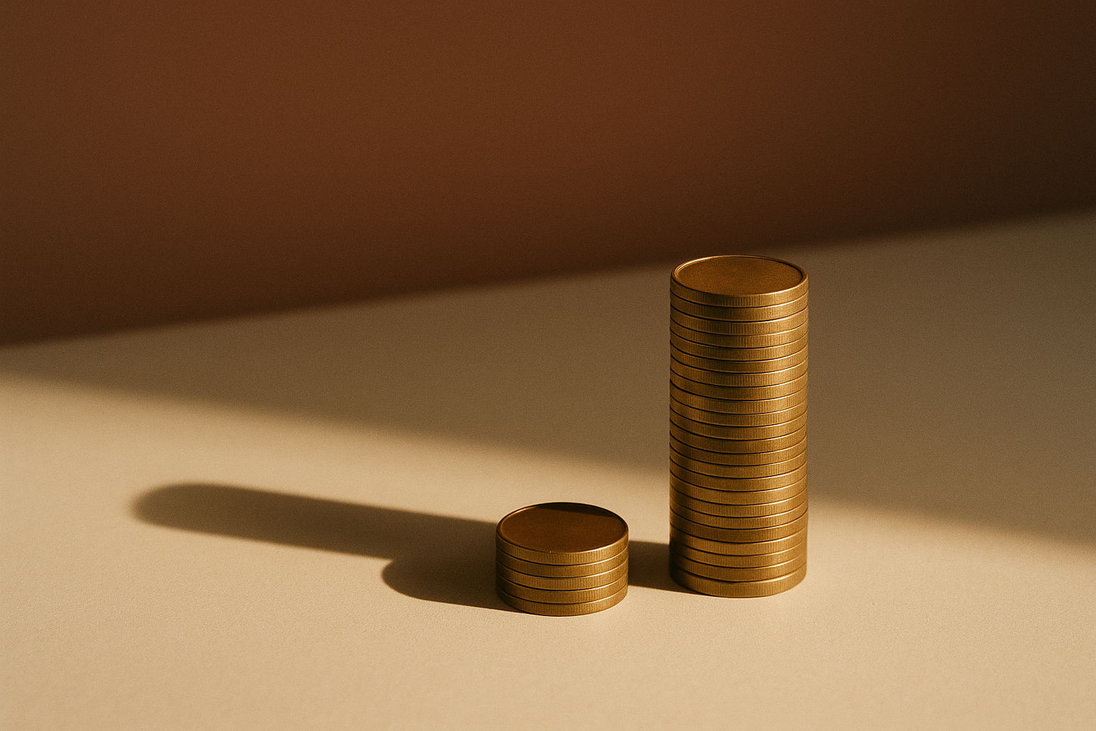 Minimalist editorial still life: two stacks of brass coins on a cream plaster surface in warm directional light, one stack very tall and one only a few coins high, casting long soft shadows against a muted terracotta backdrop.