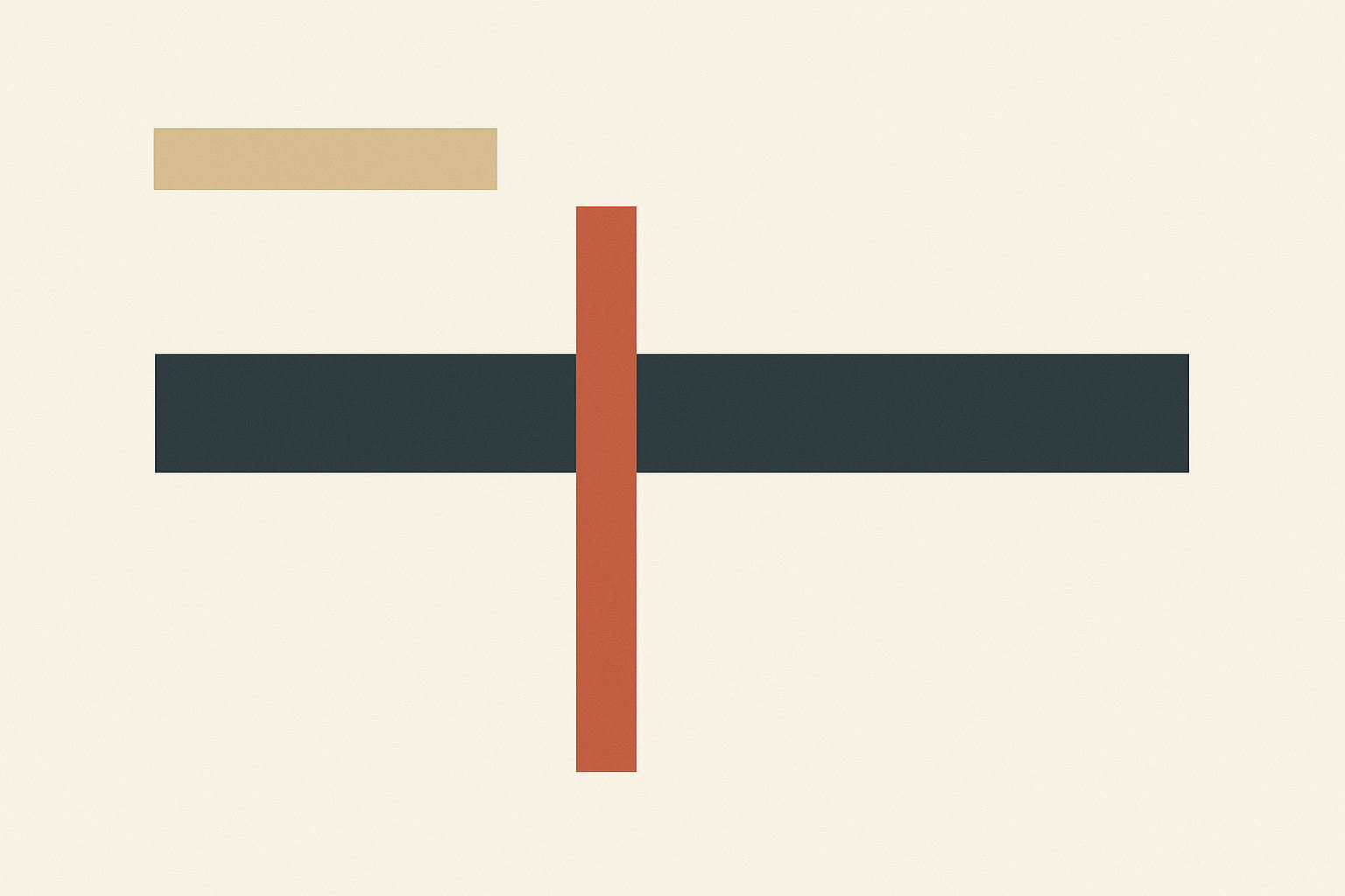Flat vector art on off-white. A short warm sand bar in the upper left stops a third of the way across. Below it a wide charcoal bar runs almost the full width. A narrow terracotta vertical bar left of centre crosses it and extends well below, its top ending below and right of the sand bar.