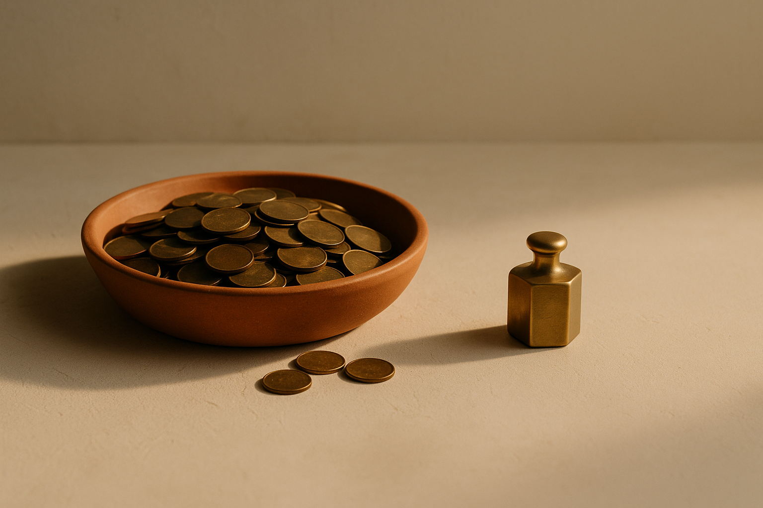 Minimalist editorial still life: a terracotta bowl left of centre heaped with many dull brass coins, three loose coins on the plaster in front of it, and one small brass weight standing alone on the right. Cream plaster, warm light from the upper left, long soft shadows.