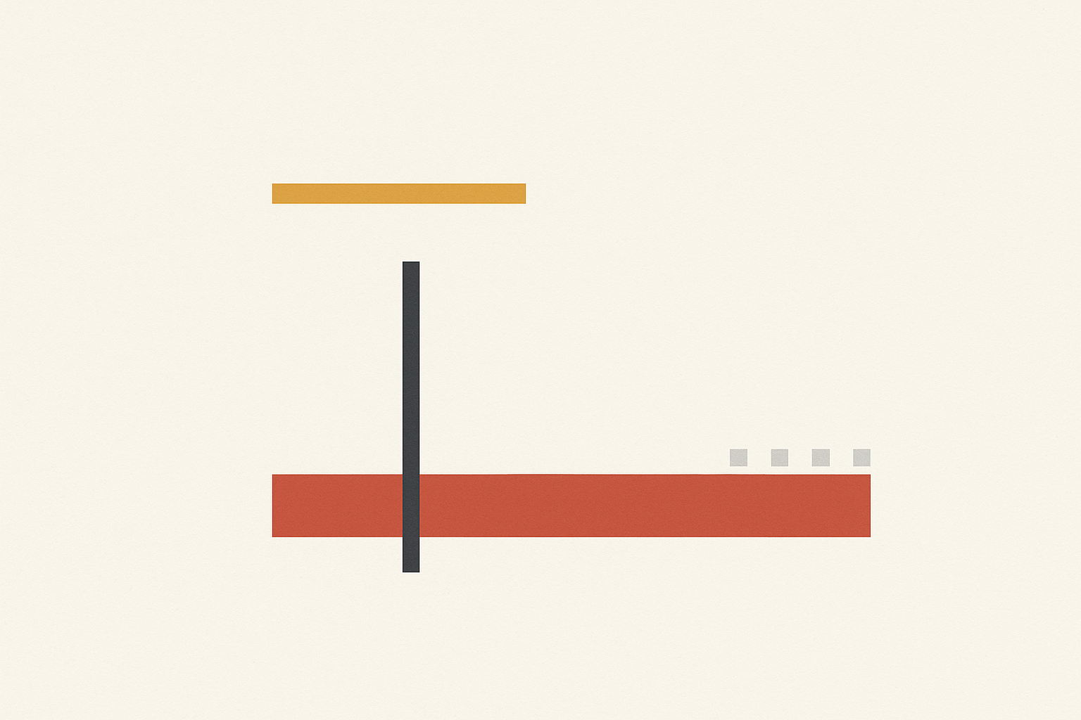 Flat vector diagram on off-white: a short warm sand bar above a terracotta bar roughly twice its length. A charcoal vertical bar about a third in crosses the terracotta bar and stops short below the sand bar. Four small pale grey squares sit just above the terracotta bar near its right end.
