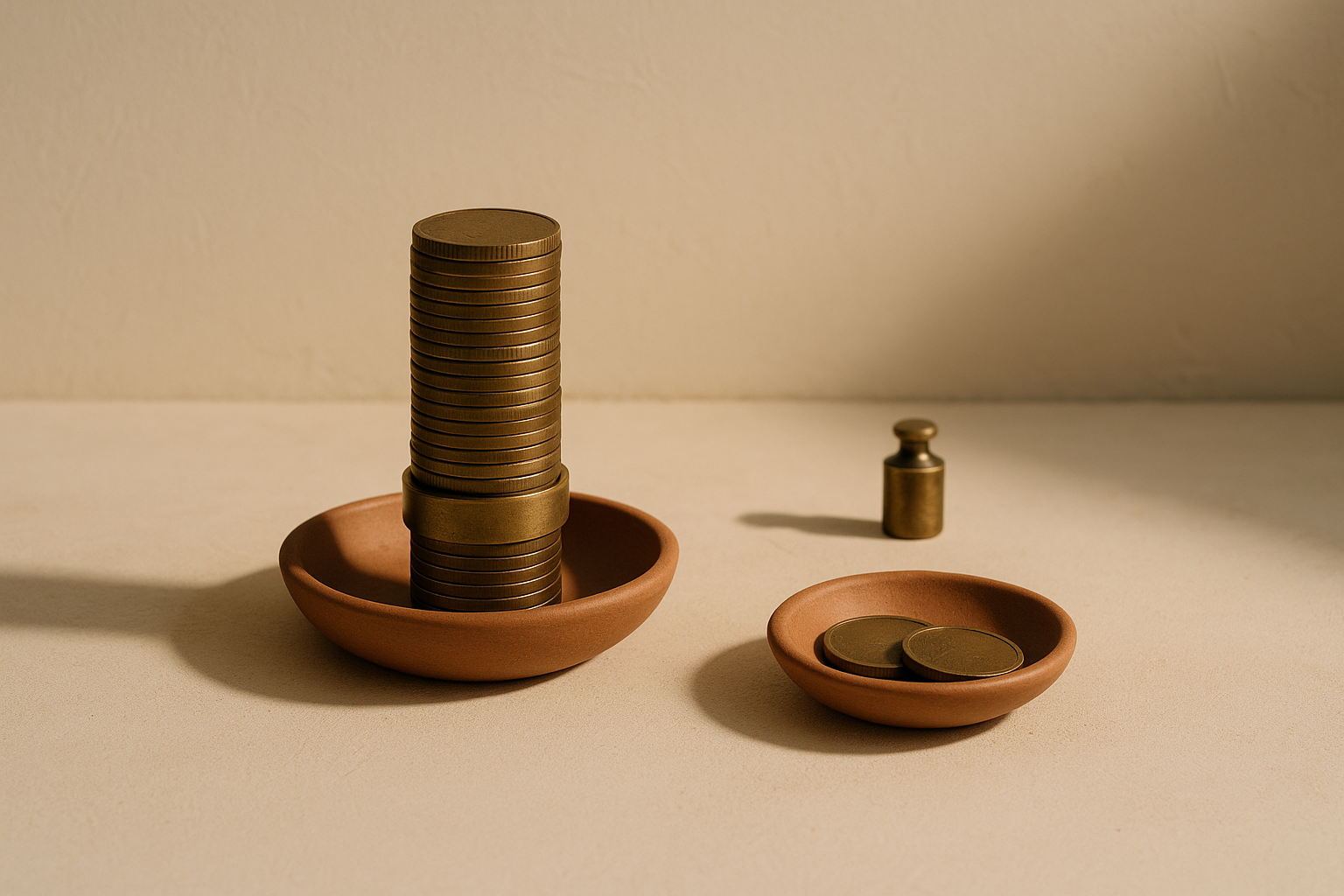 Minimalist editorial still life: a shallow terracotta dish left of centre holding a tall stack of dull brass coins with a slim brass ring around its lower two thirds, and a much smaller saucer to the right holding only two loose coins. Cream plaster, warm light from the upper left.