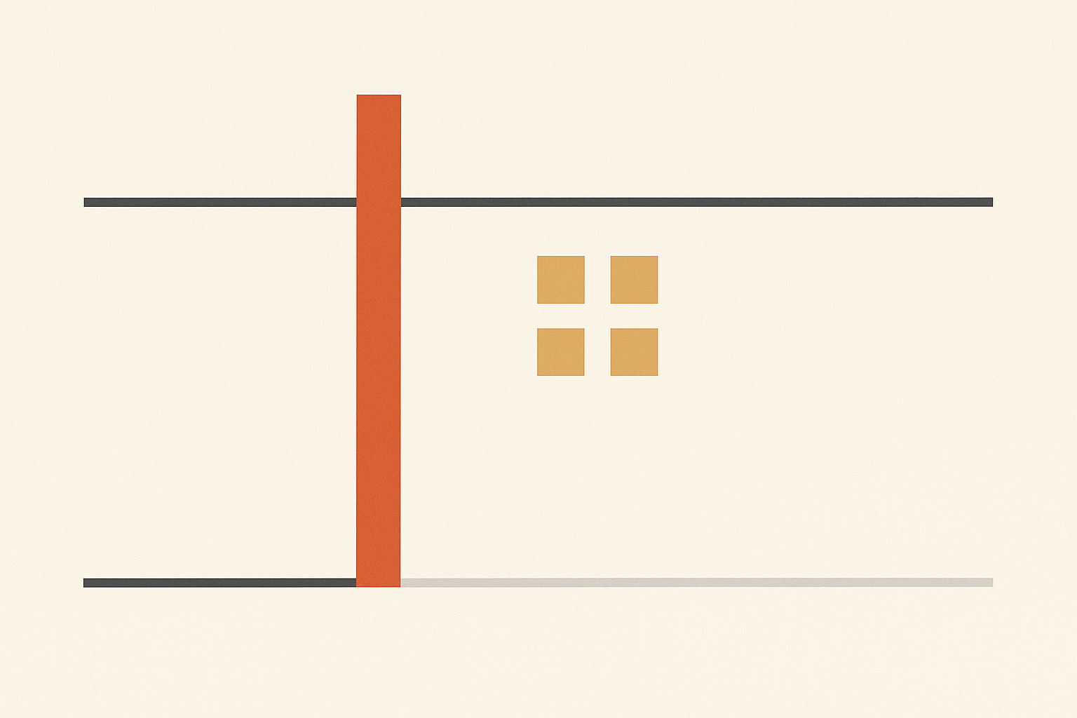 Flat vector diagram on off white: two horizontal charcoal rules and one terracotta vertical bar a third in from the left, crossing the upper rule and running down to meet the lower one. The lower rule is charcoal left of the bar, pale grey right of it. Four warm sand squares sit between them.