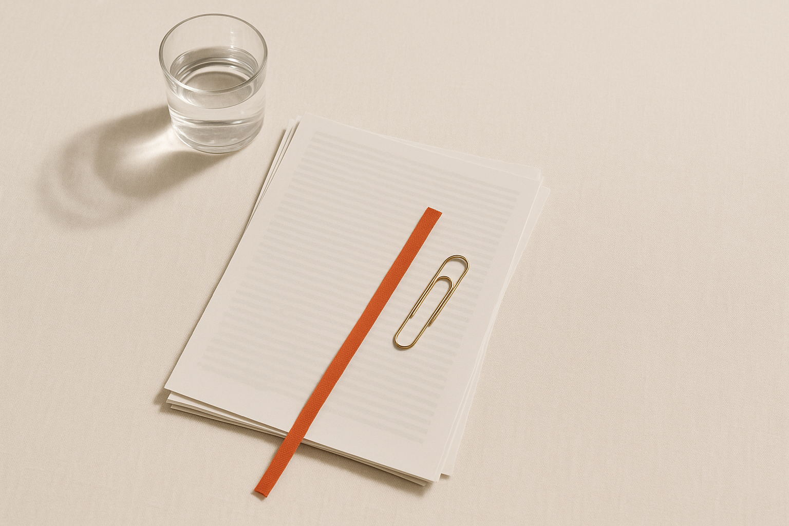 Overhead editorial still life: a fanned stack of plain printed accounting pages on a warm off-white linen desk, crossed by a terracotta ribbon bookmark and a brass paperclip, with a glass of water and soft morning light.