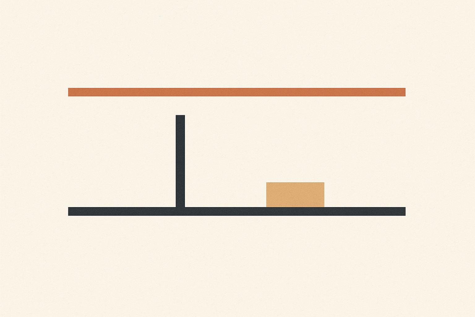 Flat vector illustration on off-white: a terracotta horizontal rule across the upper third, a charcoal rule across the lower third, a narrow charcoal vertical bar rising from the lower rule and stopping well short of the terracotta one, and a small warm sand rectangle resting to its right.