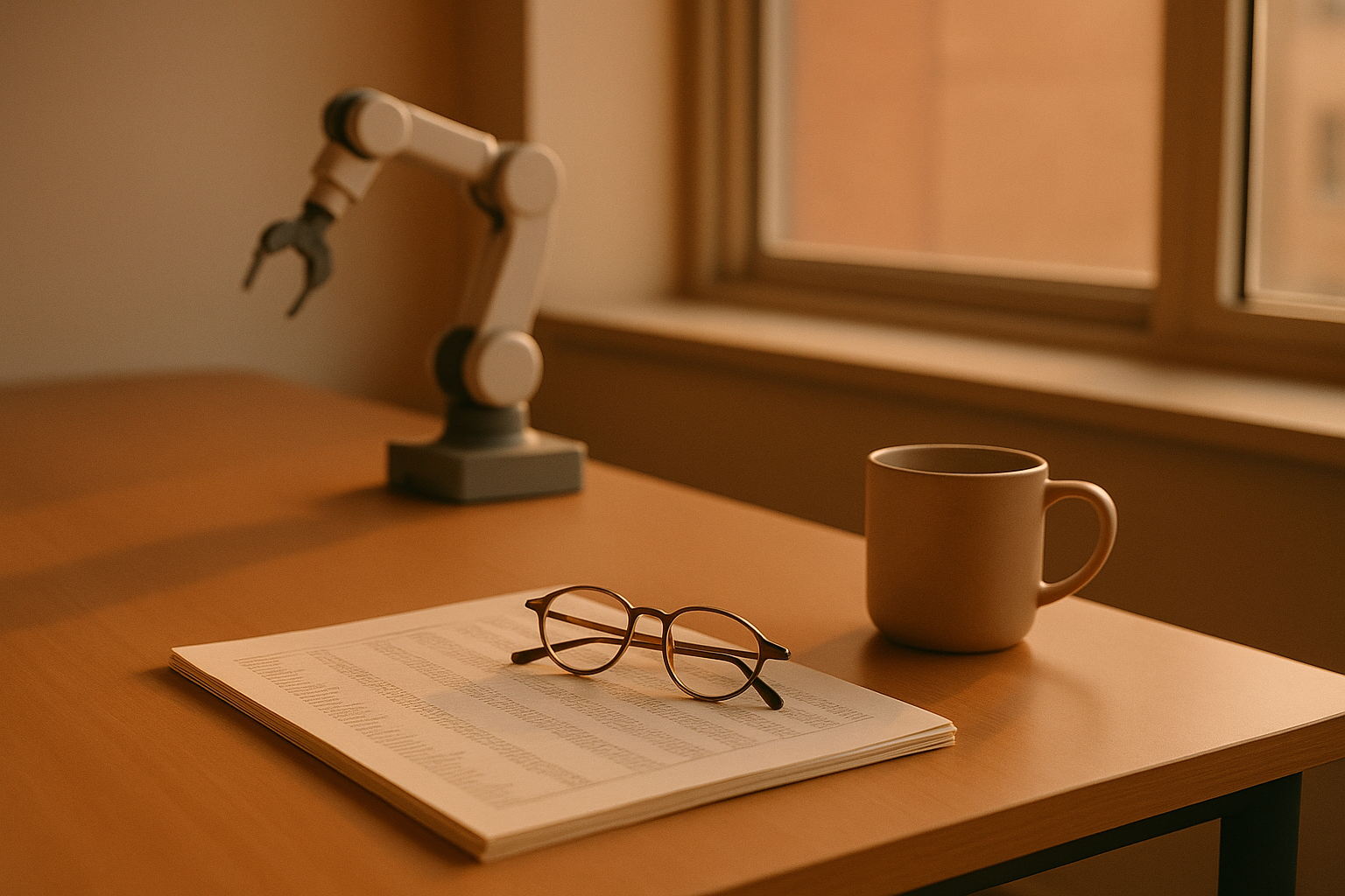 Editorial photograph of a quiet office desk in warm terracotta light, with a printed financial statement, reading glasses and a ceramic mug in focus, and a small white articulated robotic arm sitting idle out of focus behind them.